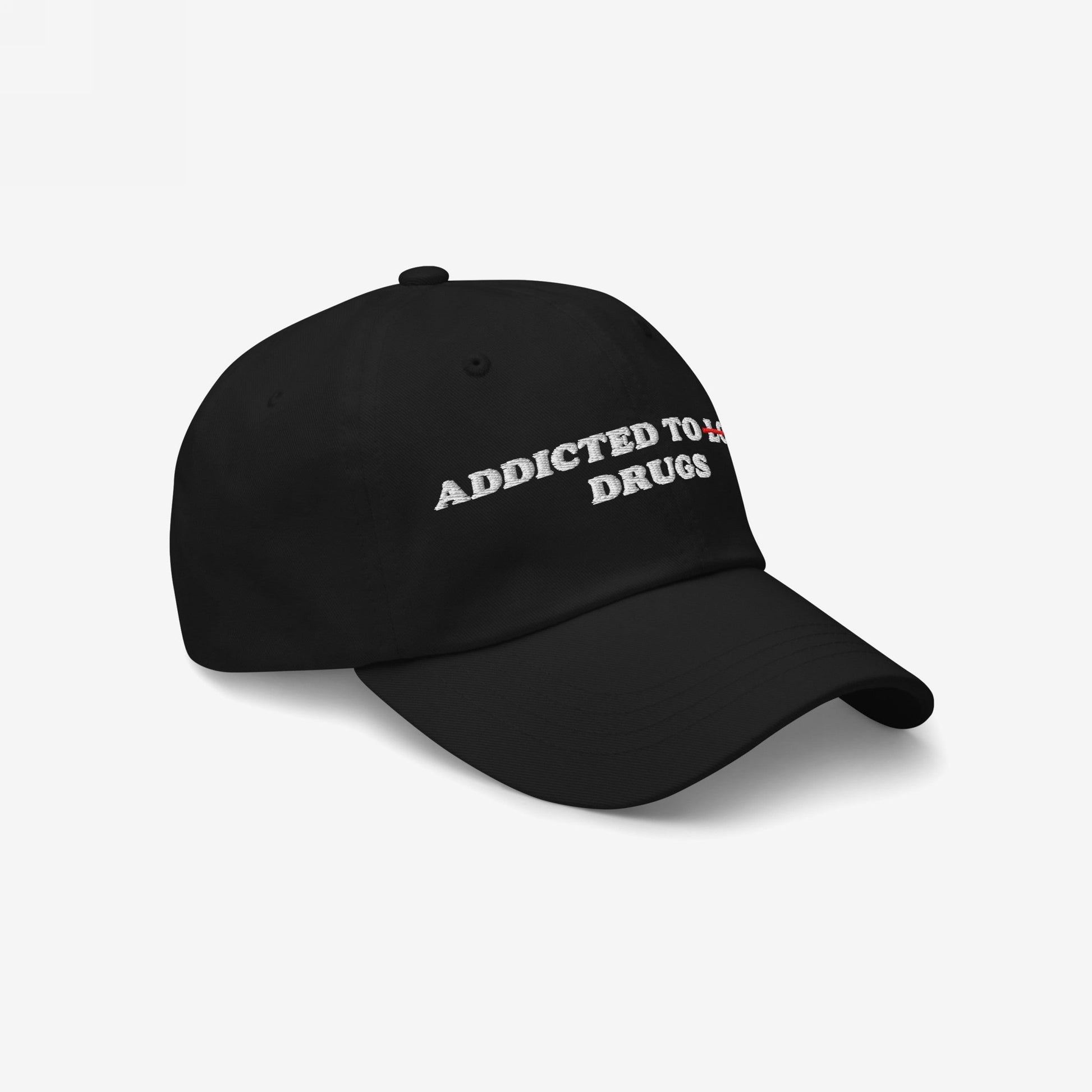 The Egoproof Addicted To Love / Drugs hat is a black embroidered snapback featuring bold white text on the front—a striking statement piece designed to spark conversation about mental health.