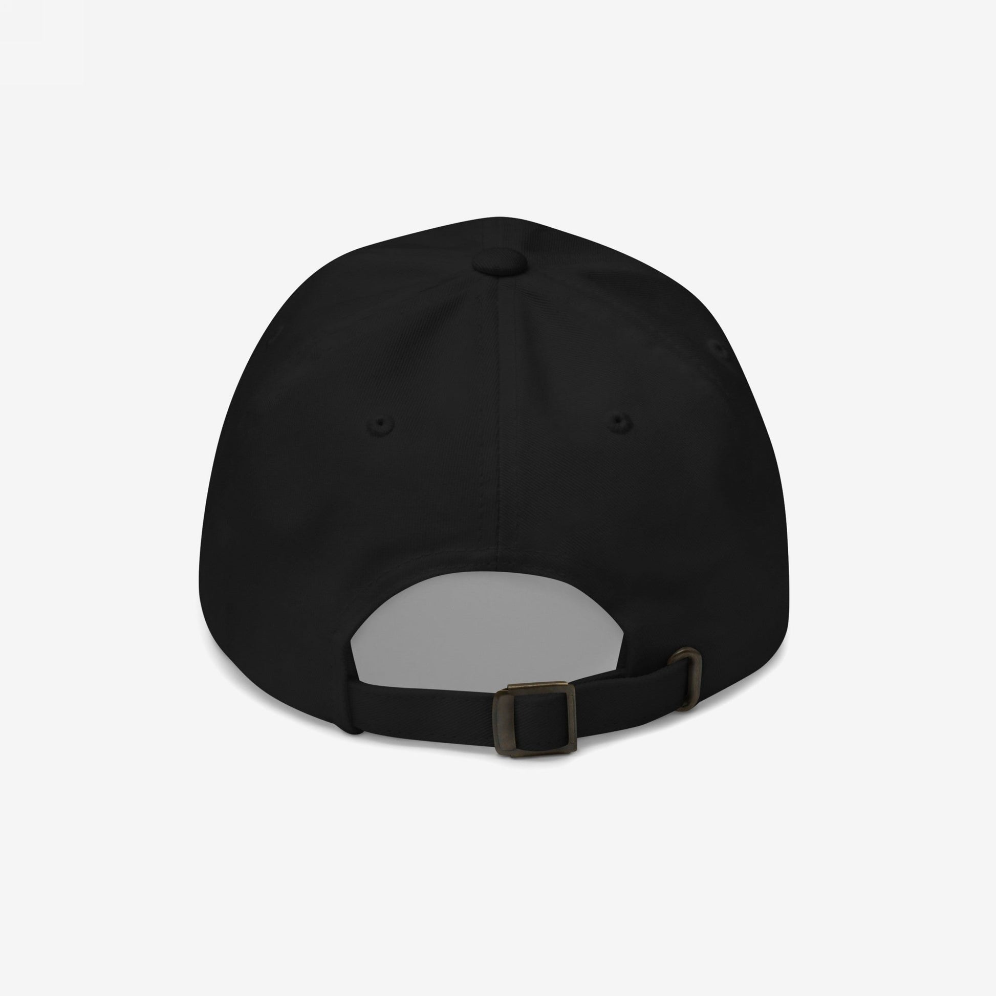 A black Egoproof Addicted To Love / Drugs Hat seen from the back, showing an adjustable strap with a metal buckle and side eyelets, set against a plain white background.