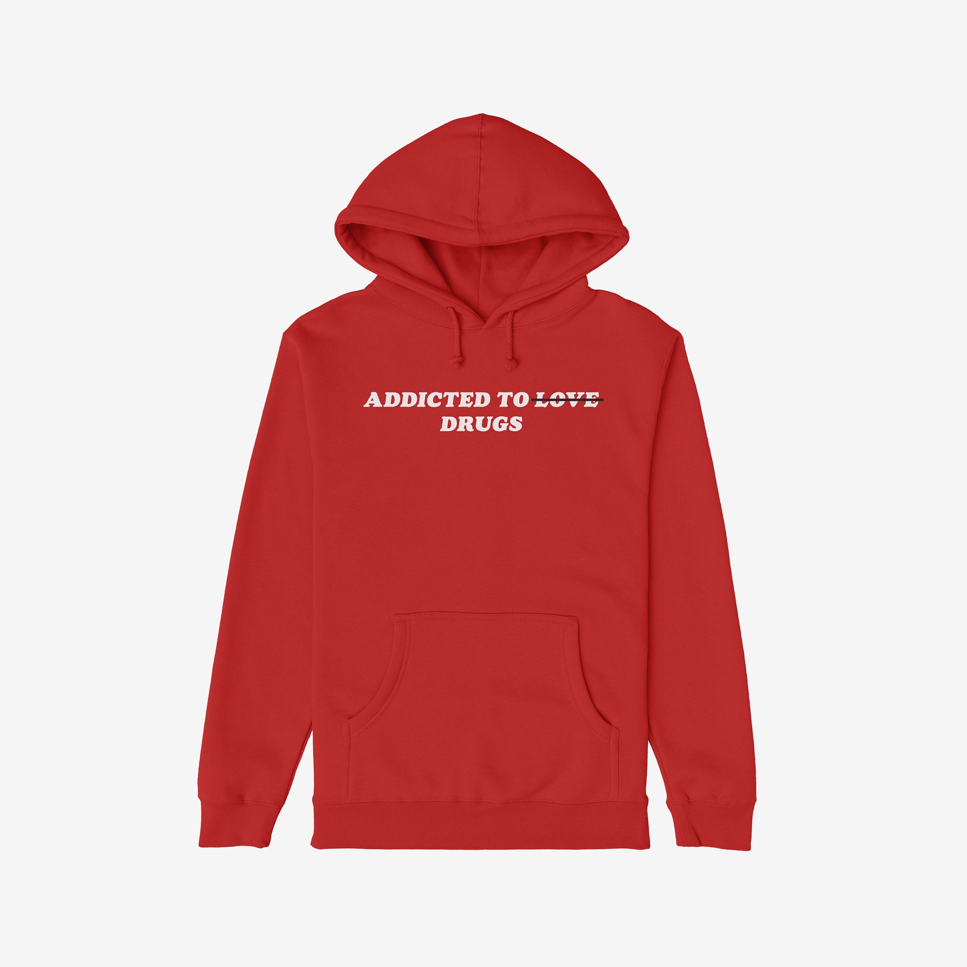 The Egoproof Addicted To Love / Drugs Hoodie is a bold red hoodie with ADDICTED TO ~LOVE~ DRUGS on the front—perfect for fans of dark humor. Part of each purchase supports NAMI through donation initiatives.