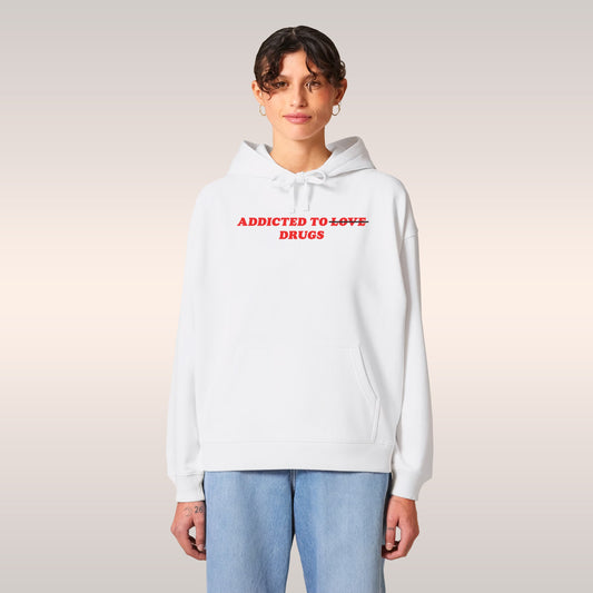 The Egoproof Addicted To Love / Drugs Hoodie is a bold red hoodie with ADDICTED TO ~LOVE~ DRUGS on the front—perfect for fa