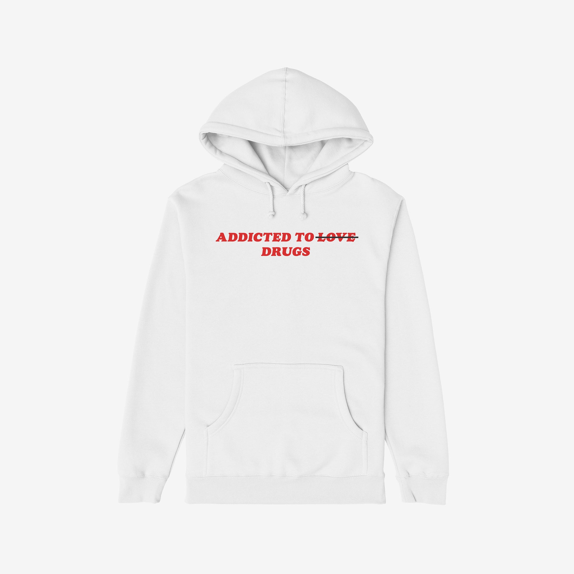 The Egoproof “Addicted To Love / Drugs” hoodie features red text with LOVE crossed out in red, making it a bold white hoodie for those drawn to dark humor and edgy serotonin-chasing style.