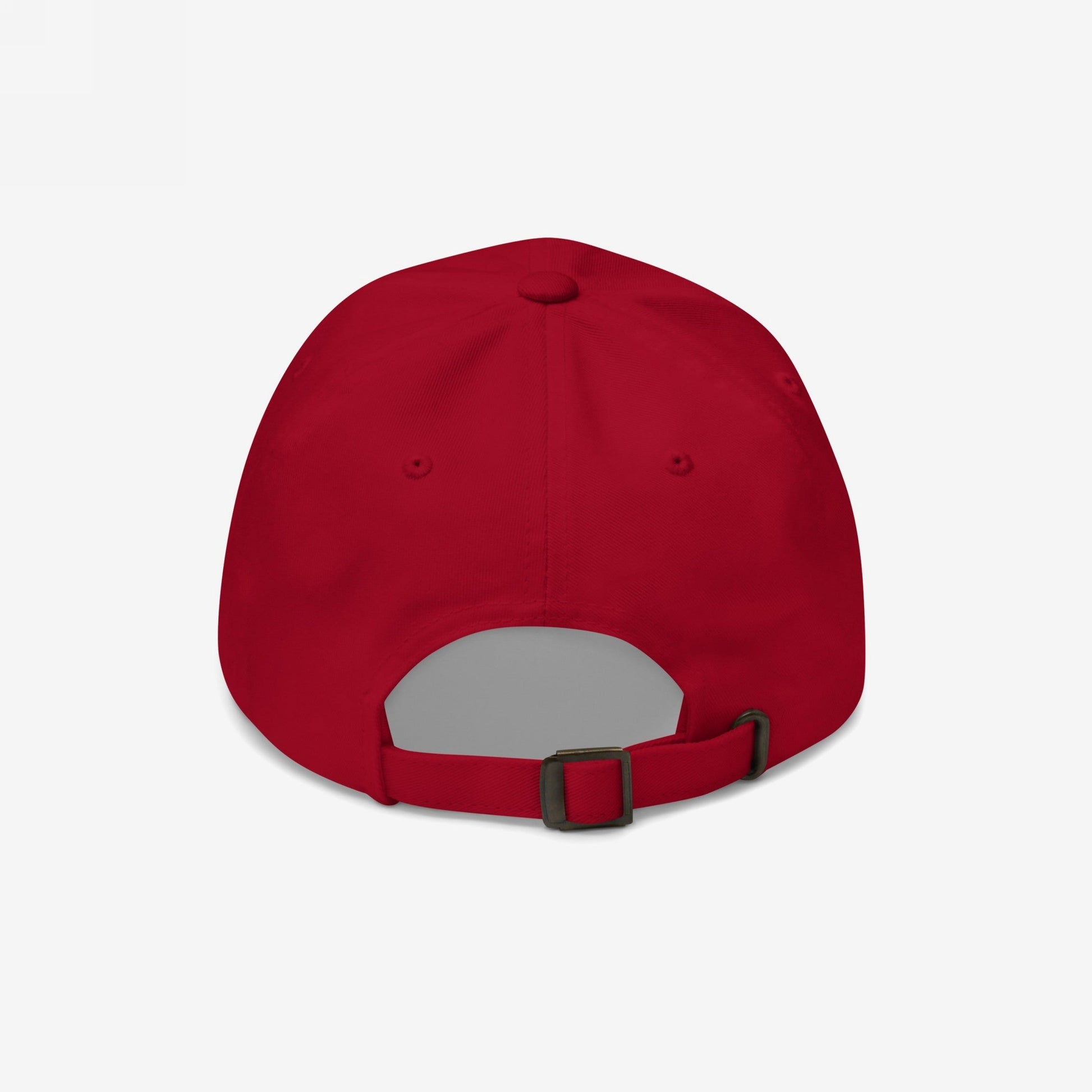 Rear view of the Adulting Sucks Hat, a plain red baseball-style cap with six-panel construction, stitched eyelets, and an adjustable fabric strap, embodying a bold statement on modern adult life.