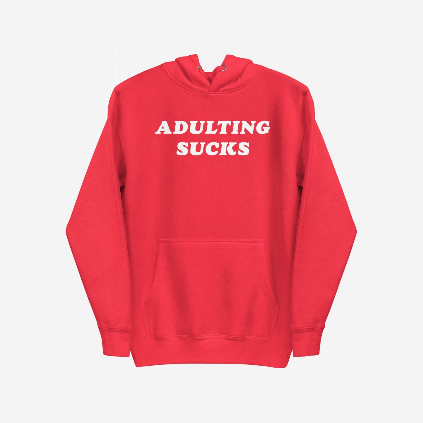 Adulting Sucks Hoodie EU features a bold “ADULTING SUCKS.” statement on a comfy red pullover with a kangaroo pocket, embodying humor and resilience for navigating life’s challenges.