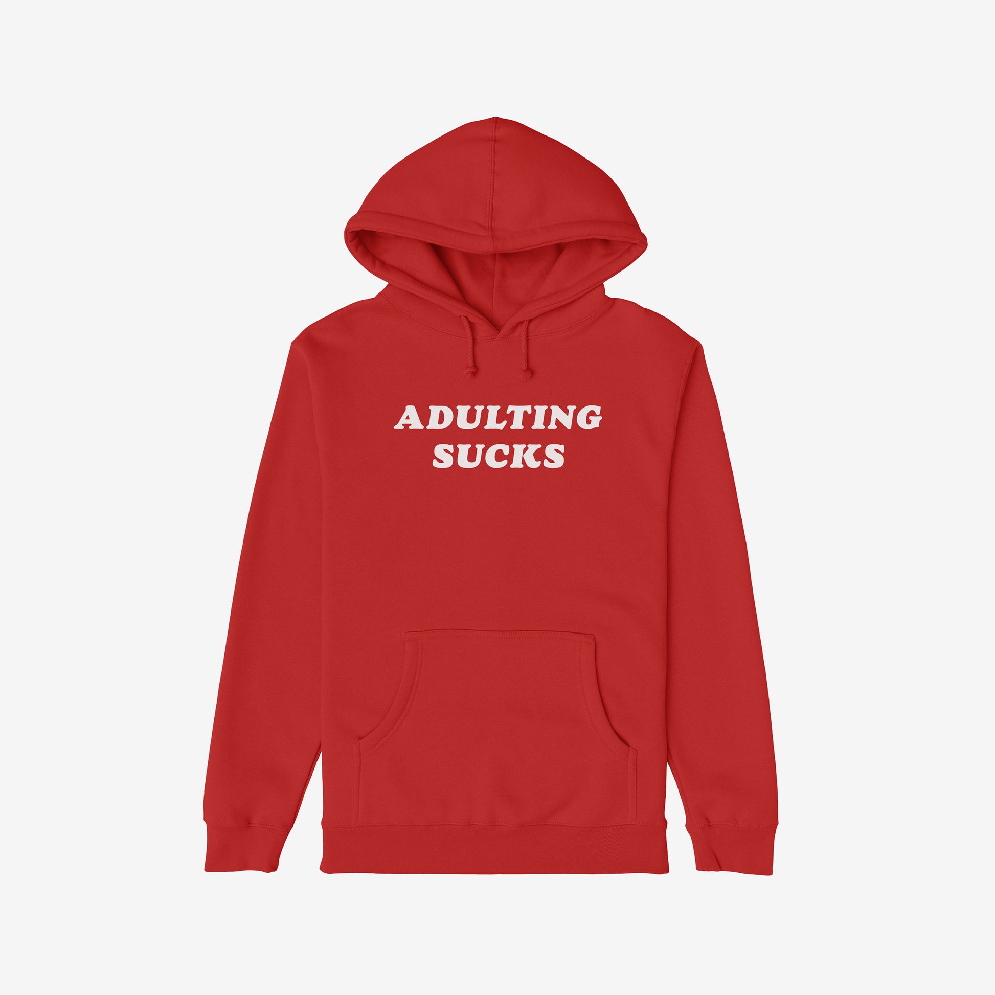 Red hoodie with "Adulting Sucks" text on front, midweight and comfy, perfect for casual wear, Adulting Sucks Hoodie.
