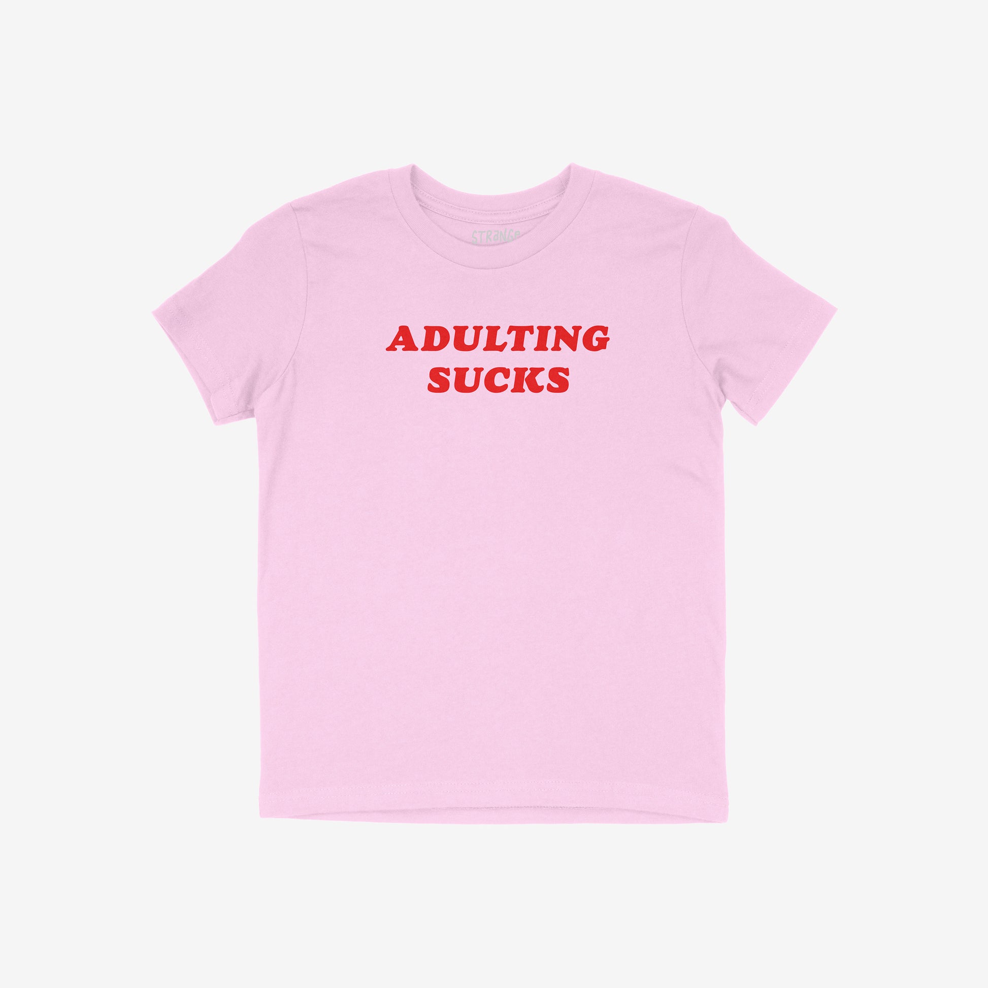 Adulting Sucks Kids T-shirt in pink with bold red text, comfy tee perfect for tweens expressing sarcasm and rebellion.