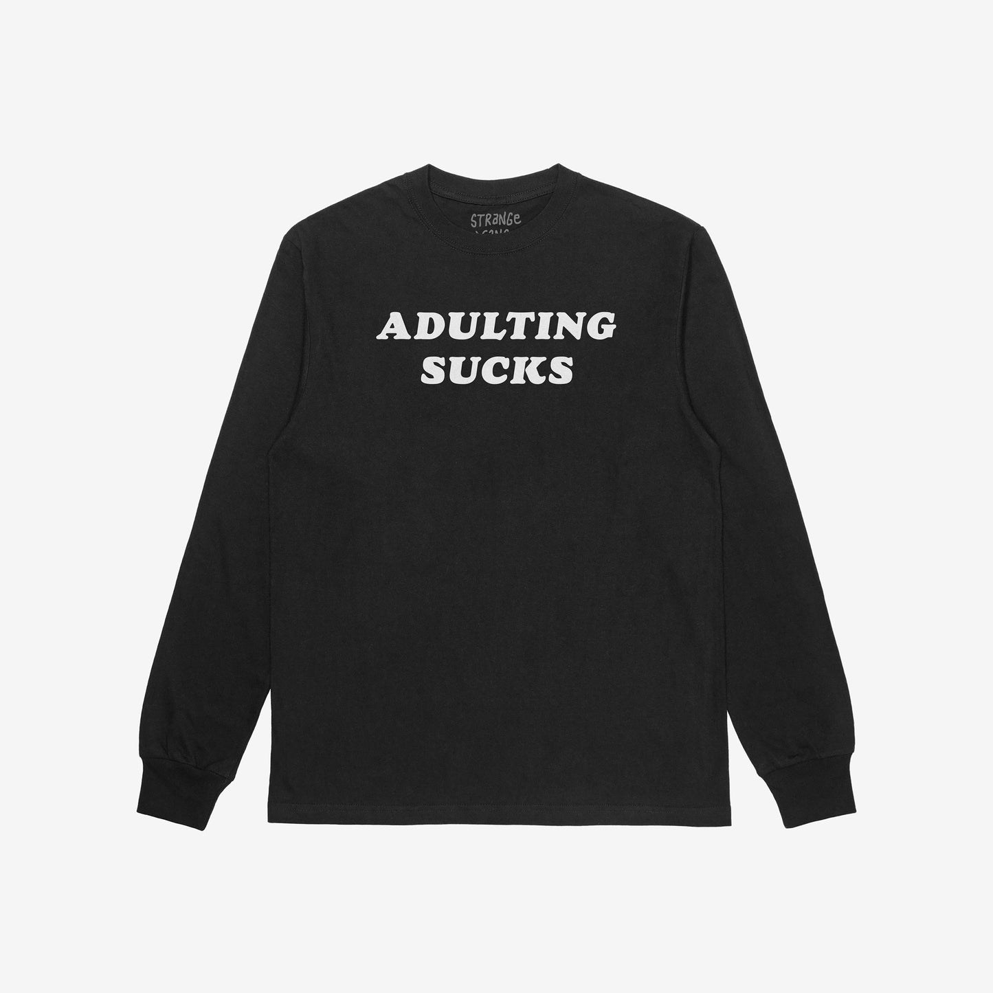Adulting Sucks Long Sleeve T-shirt in black with bold white text, unisex casual tee for sarcasm lovers and burnout veterans.