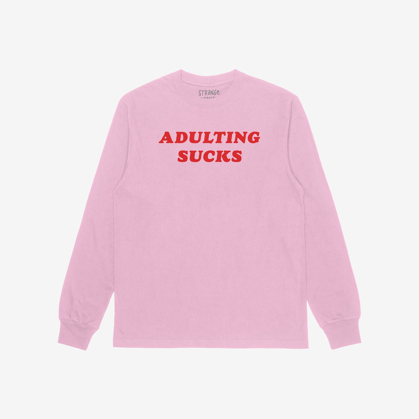 Pink long sleeve Adulting Sucks T-shirt with bold red lettering for a sarcastic, comfy, and casual look.