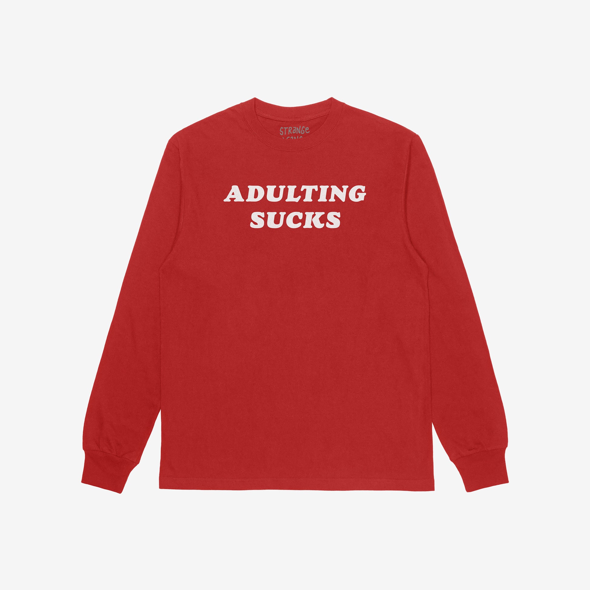 Adulting Sucks Long Sleeve T-shirt in red with bold white text, unisex casual wear for sarcasm lovers and burnout veterans.