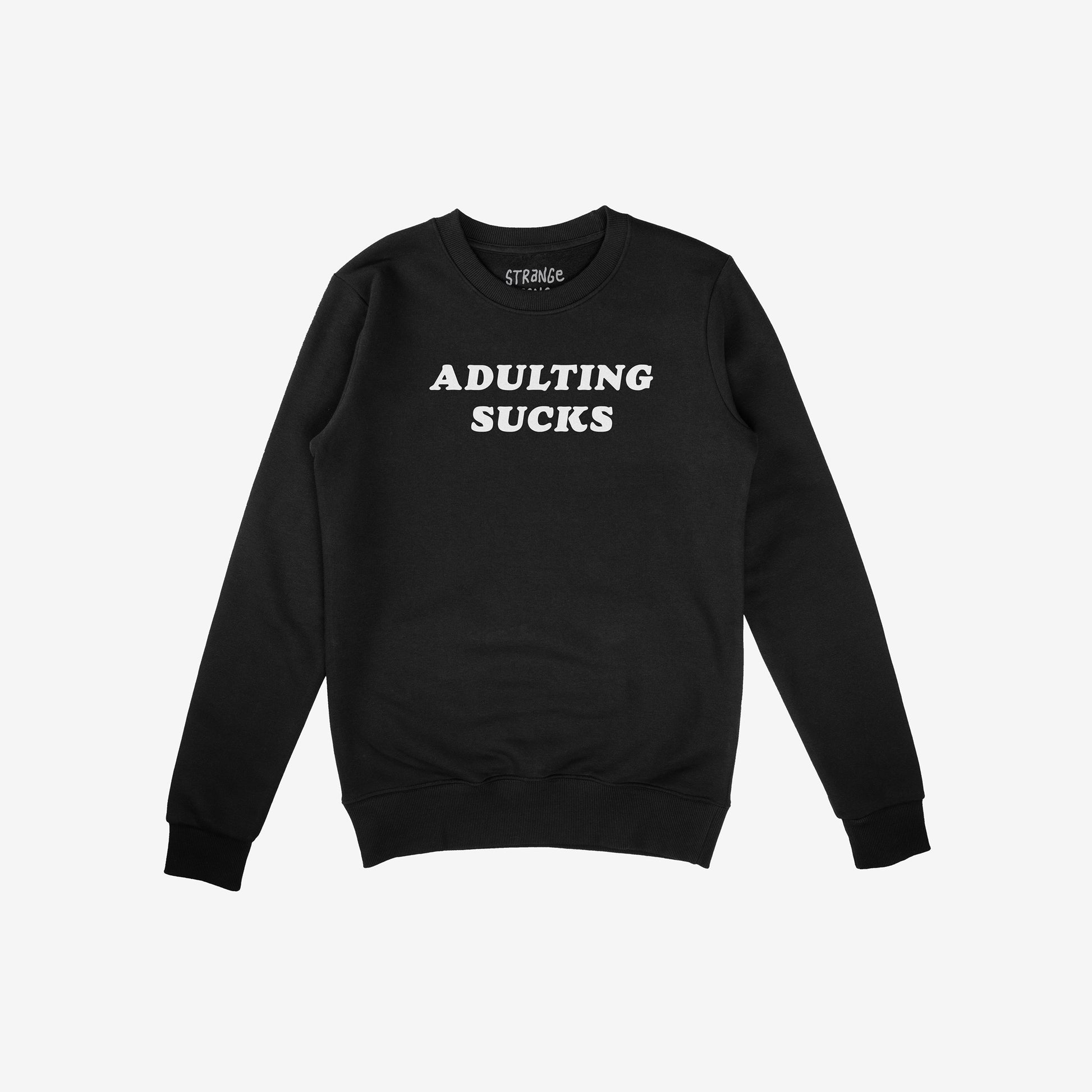 Black Adulting Sucks Hoodie & Sweatshirt with bold white text, cozy midweight fleece perfect for casual and sarcastic style statements.