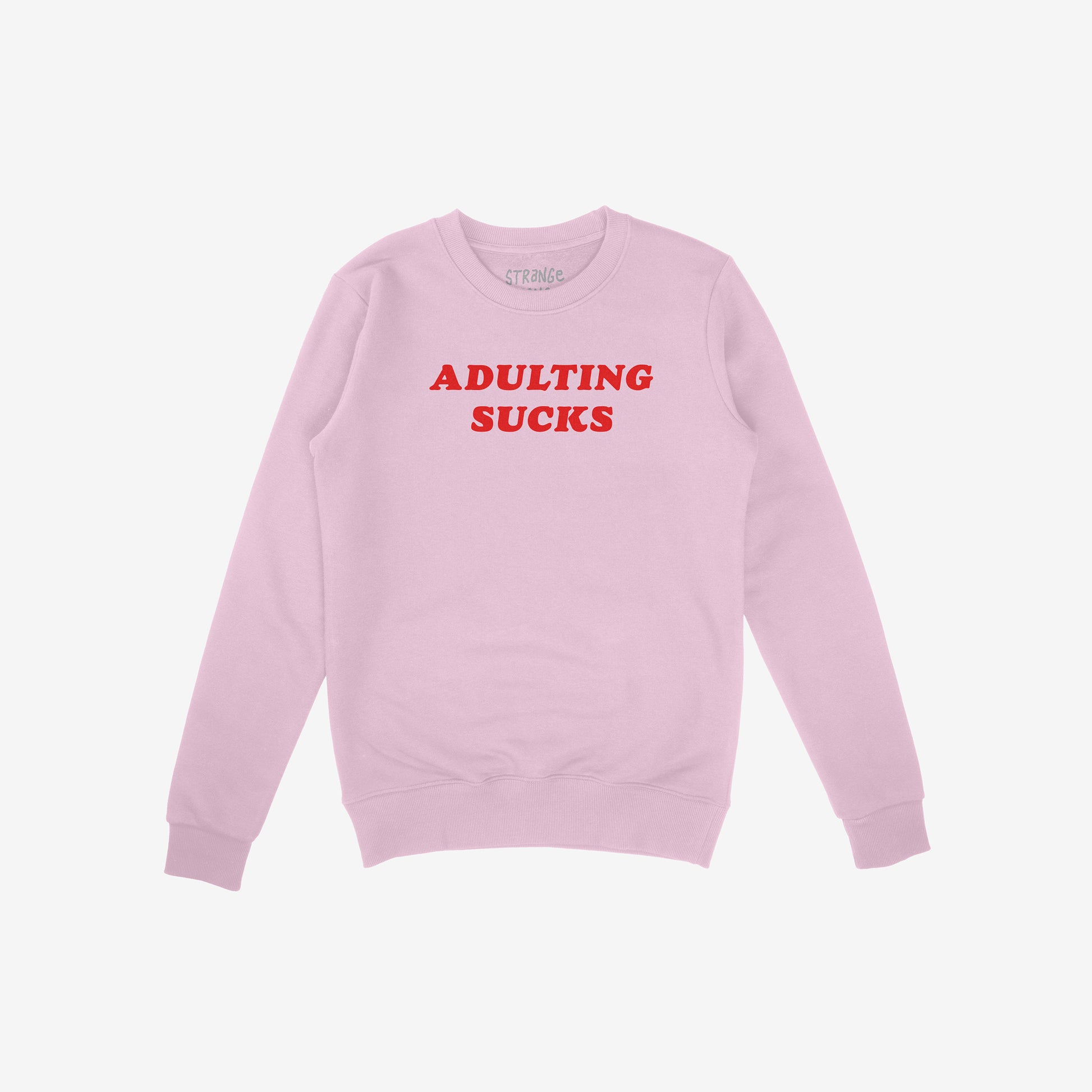 Adulting Sucks Hoodie & Sweatshirt in light pink with bold red lettering, cozy midweight fleece perfect for casual, sarcastic wear