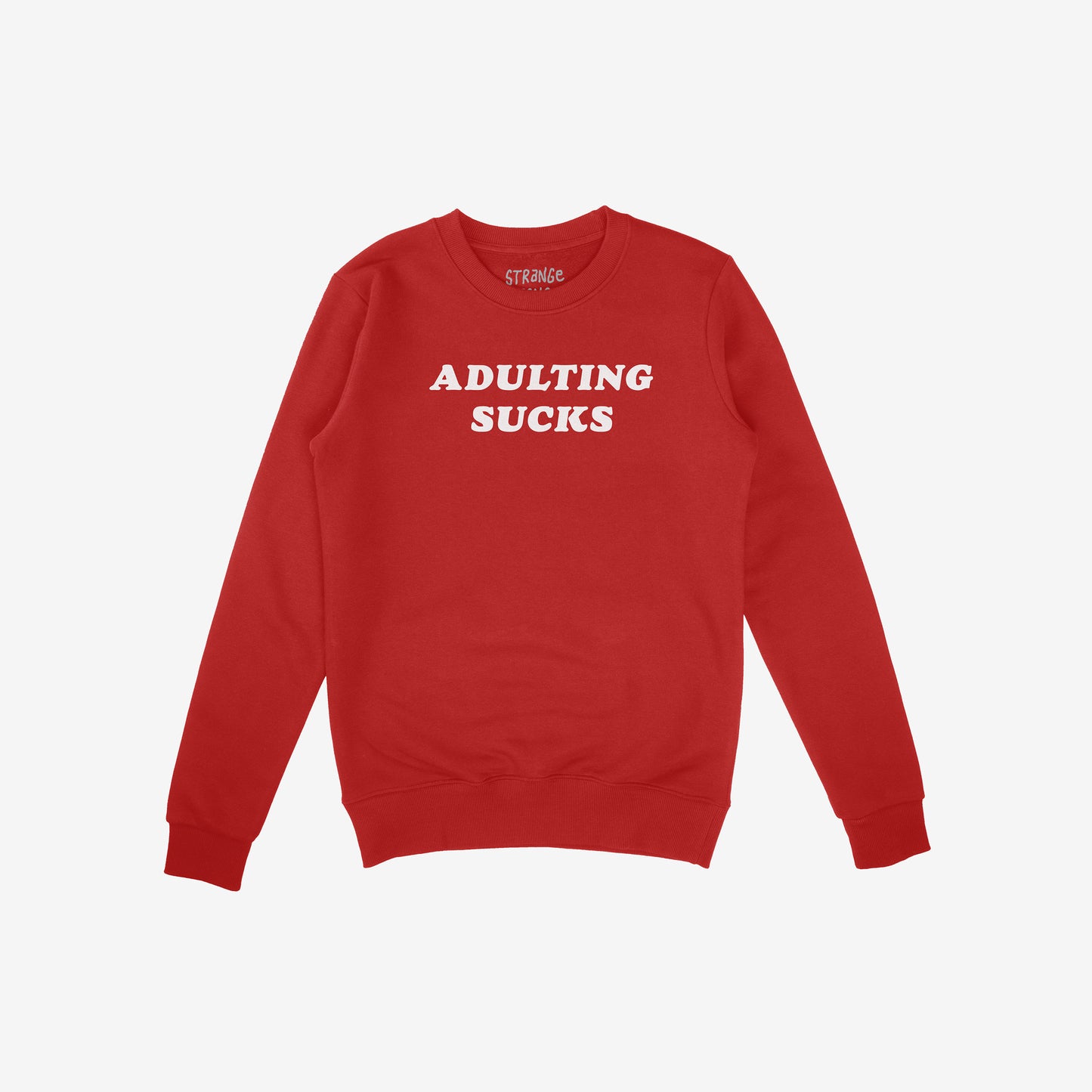 Adulting Sucks Sweatshirt in red with white text, midweight unisex crewneck perfect for casual wear and gifting burnout friends.