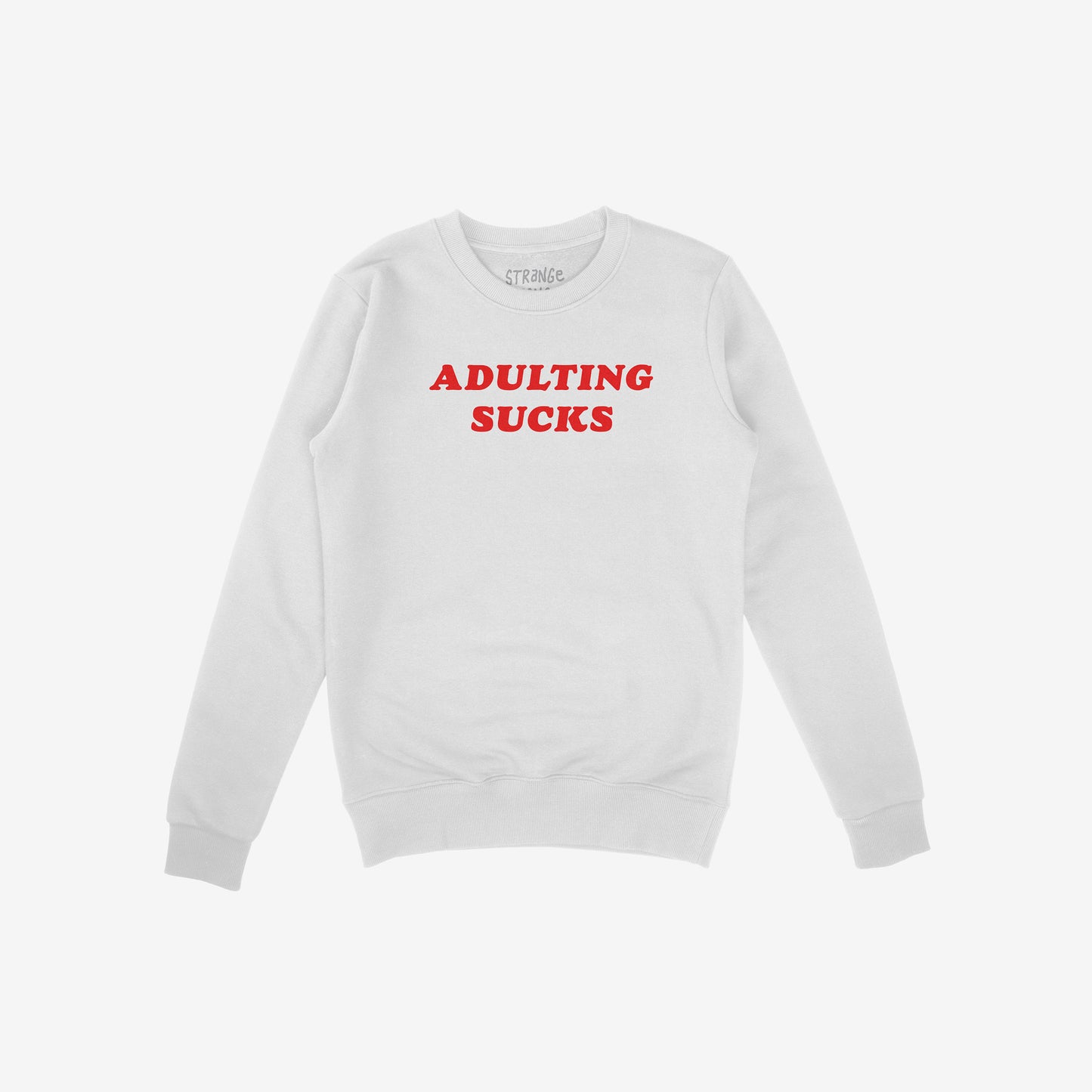 Adulting Sucks Sweatshirt in white with bold red text, midweight crewneck designed for comfort and casual wear.