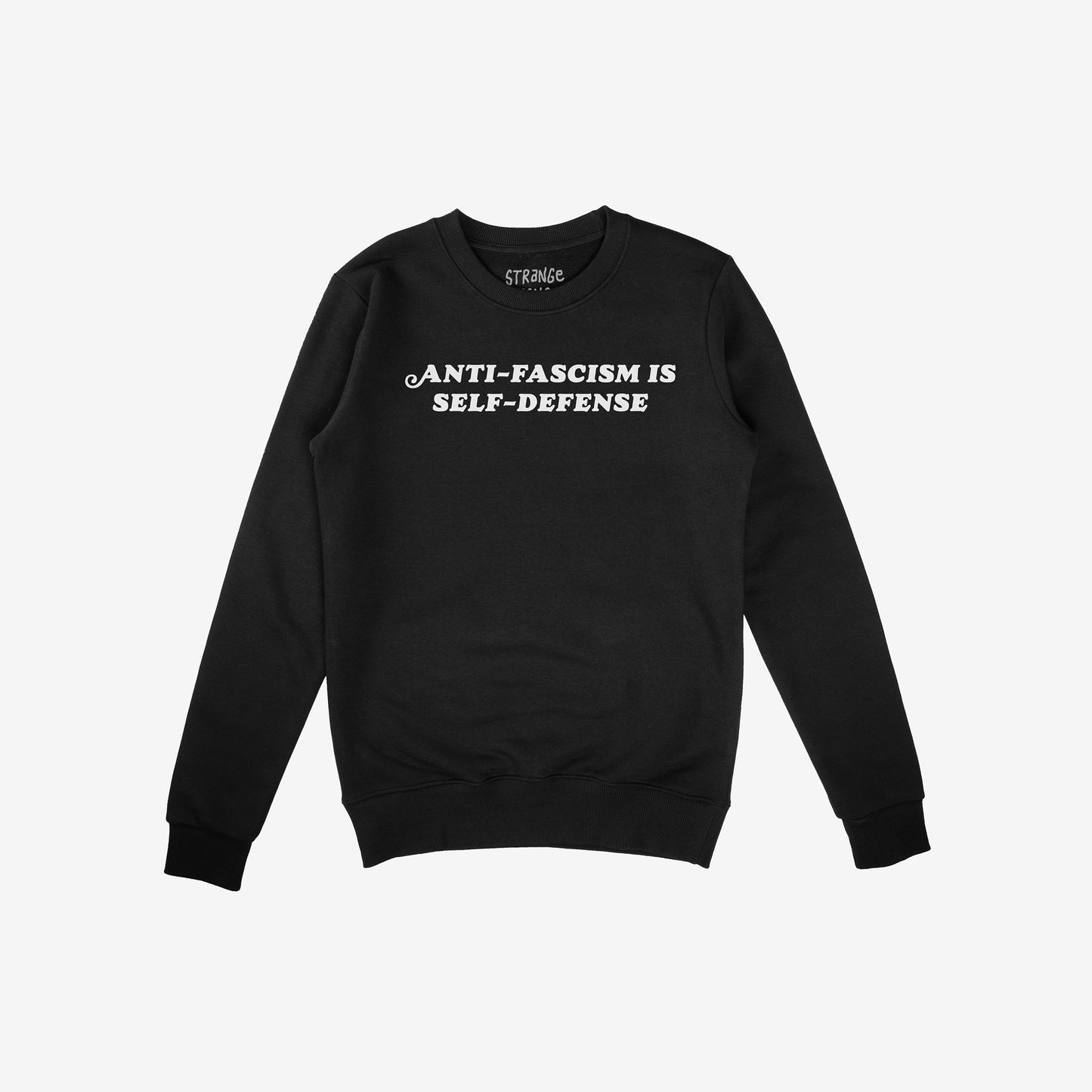 Black crewneck sweatshirt with "ANTI-FASCISM IS SELF-DEFENSE" text, not an "Adulting Sucks Sweatshirt" product.
