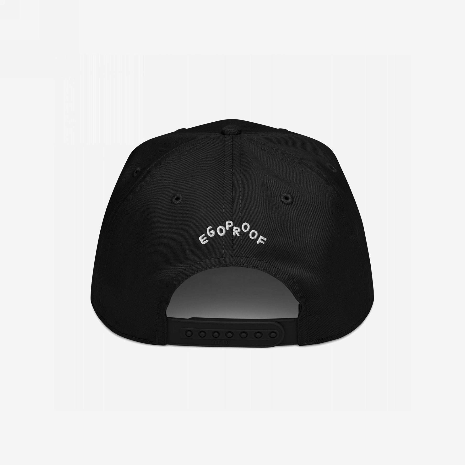 Black Anti-Fascist Hat with back view showing EGO PROOF embroidered text, adjustable snap closure, and six ventilation eyelets. Designed for those standing against injustice, embodying bold style and accountability.