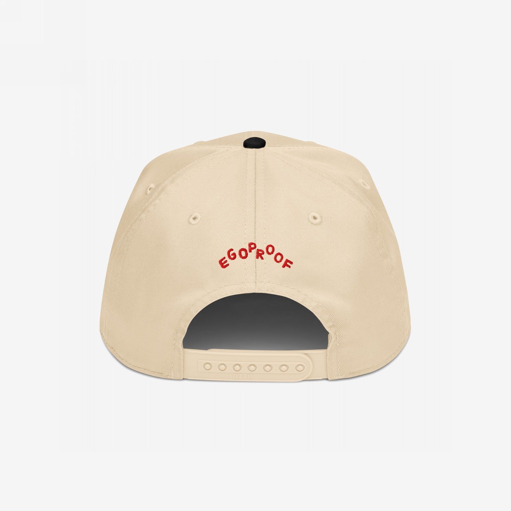 Anti-Fascist Hat, back view: a light-tan baseball cap with EGOPROOF embroidered in red across the back. Features a plastic snapback closure labeled OTTO, embodying bold style and resistance.