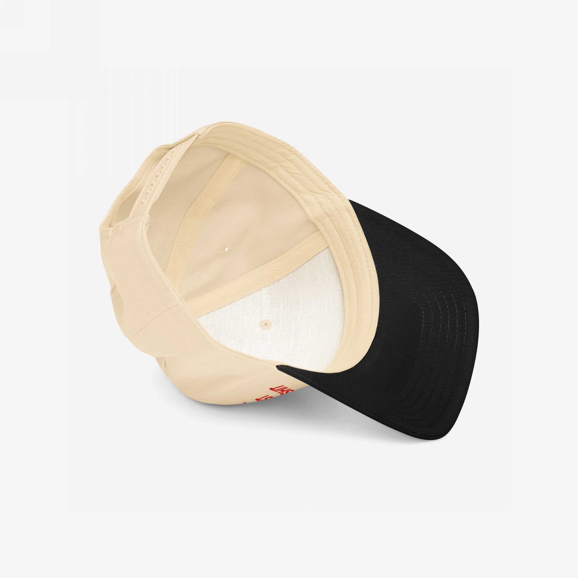 Anti-Fascist Hat with a light beige crown and black visor, featuring bold front embroidery challenging fascism. Includes EGOPROOF branding on the back. Adjustable snapback closure visible from an elevated angle.