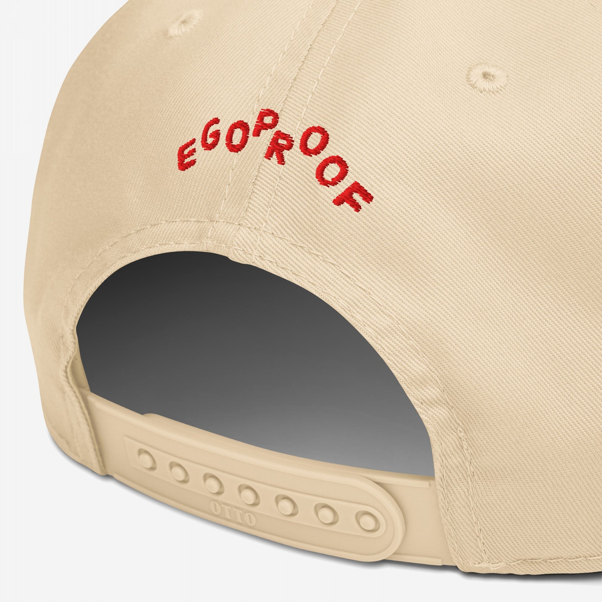 Anti-Fascist Hat featuring red EGOPROOF embroidery on the back above the adjustable strap, offering a bold statement of resistance and accountability with a 5-panel structured design.