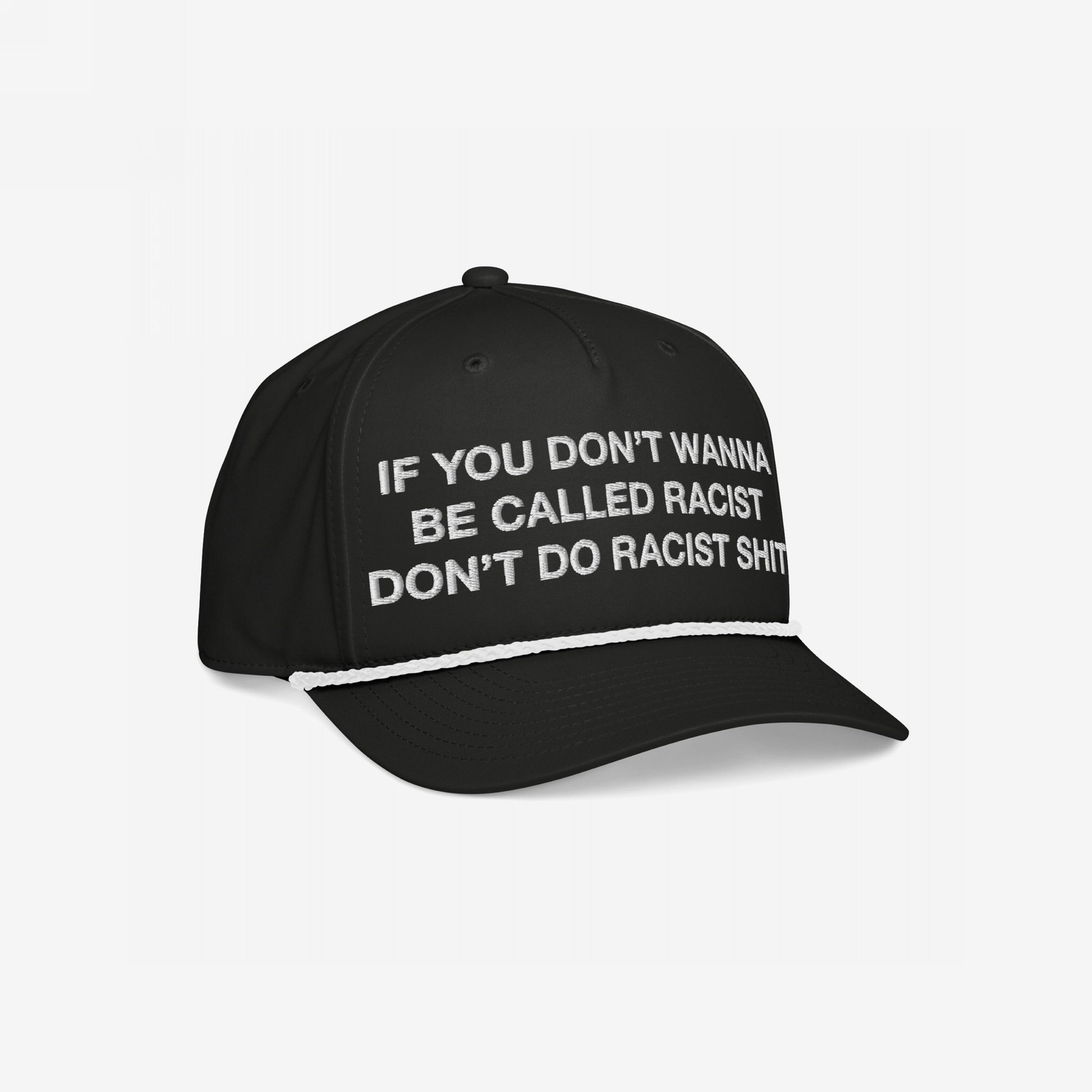 Anti-Racist Hat featuring bold white embroidery with a powerful message across the front. Designed for comfort and impact, it includes a white rope detail above the brim and EGOPROOF branding on the side.