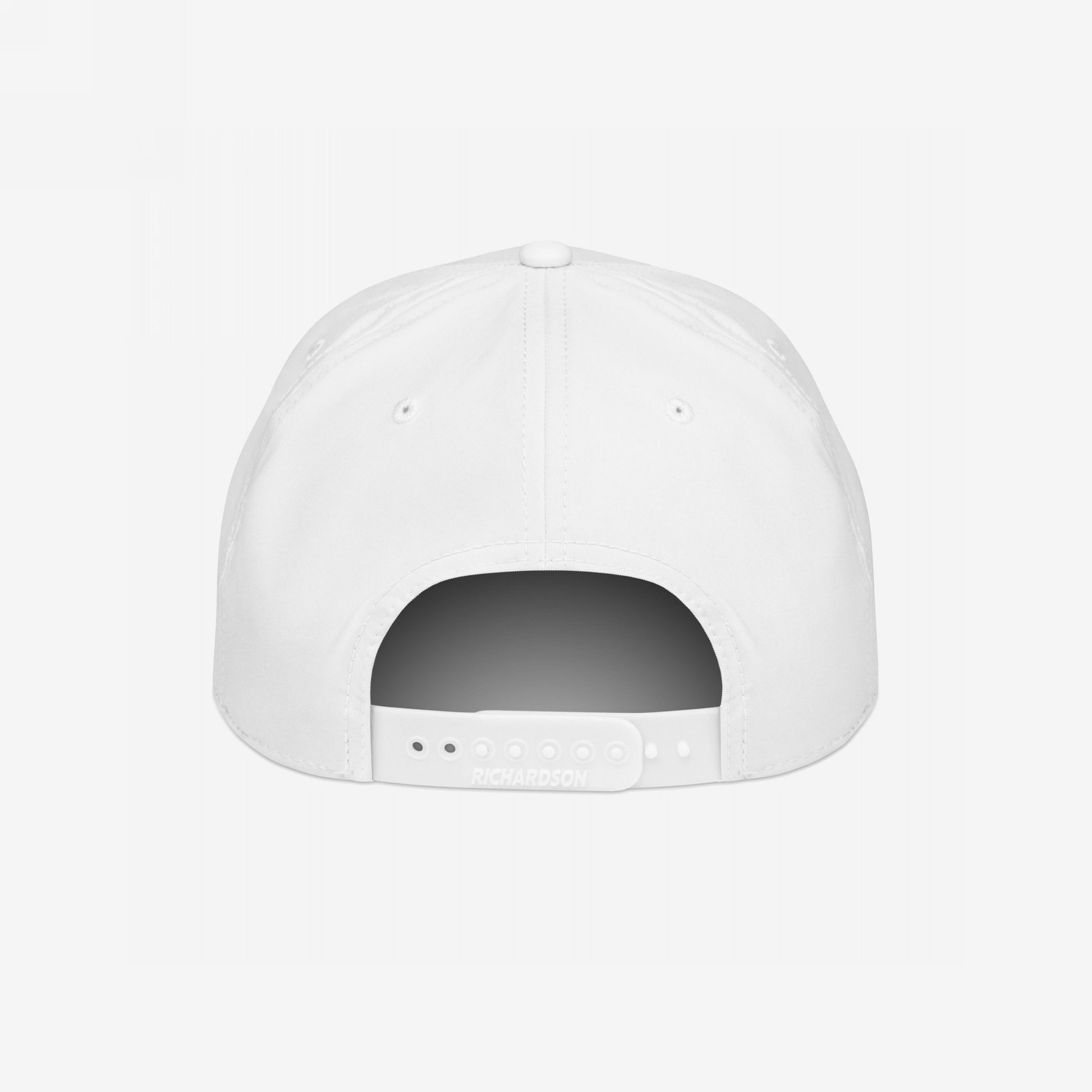 Anti-Racist Hat showcasing a plain white six-panel snapback with an adjustable strap embossed with RICHARDSON. The back features embroidered eyelets, emphasizing comfort and bold messaging.