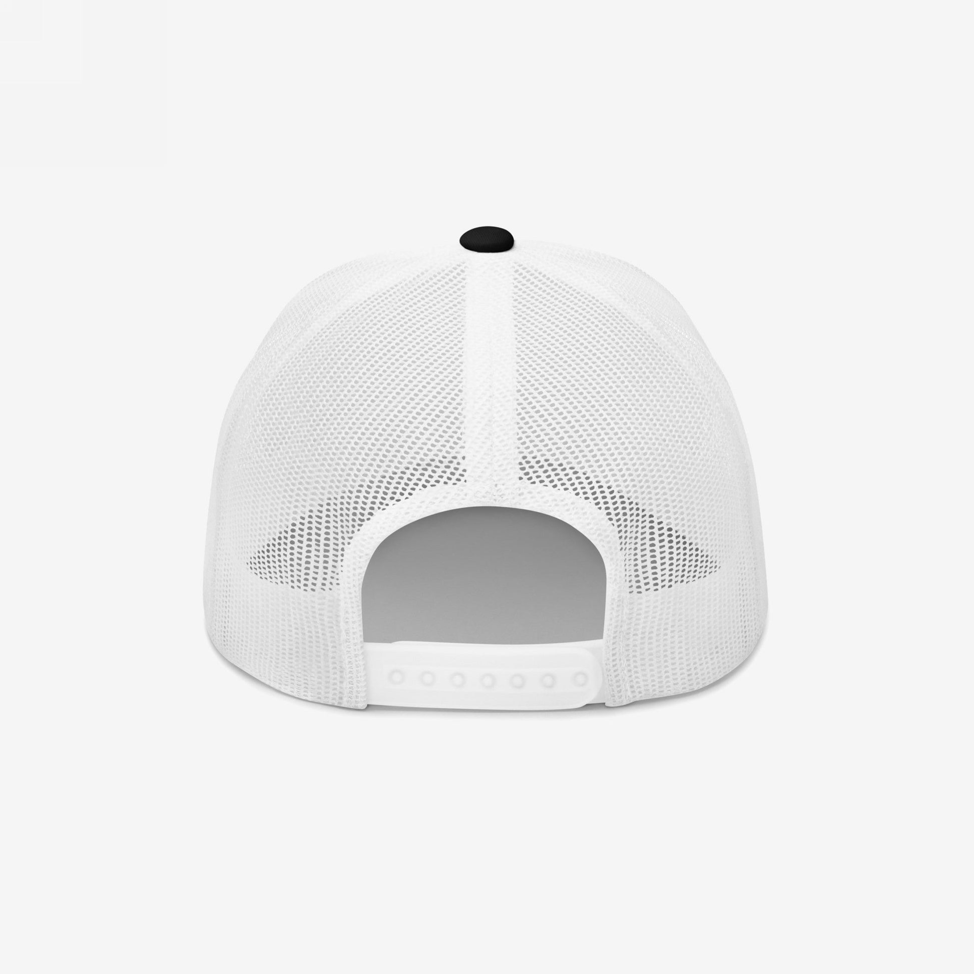 Back view of the Be Careful Hat, a white mesh trucker cap with adjustable snap-closure, designed for anti-fascists and progressives. Bold statement piece supporting ACLU, aligning with Egoproof's impactful, socially conscious apparel.