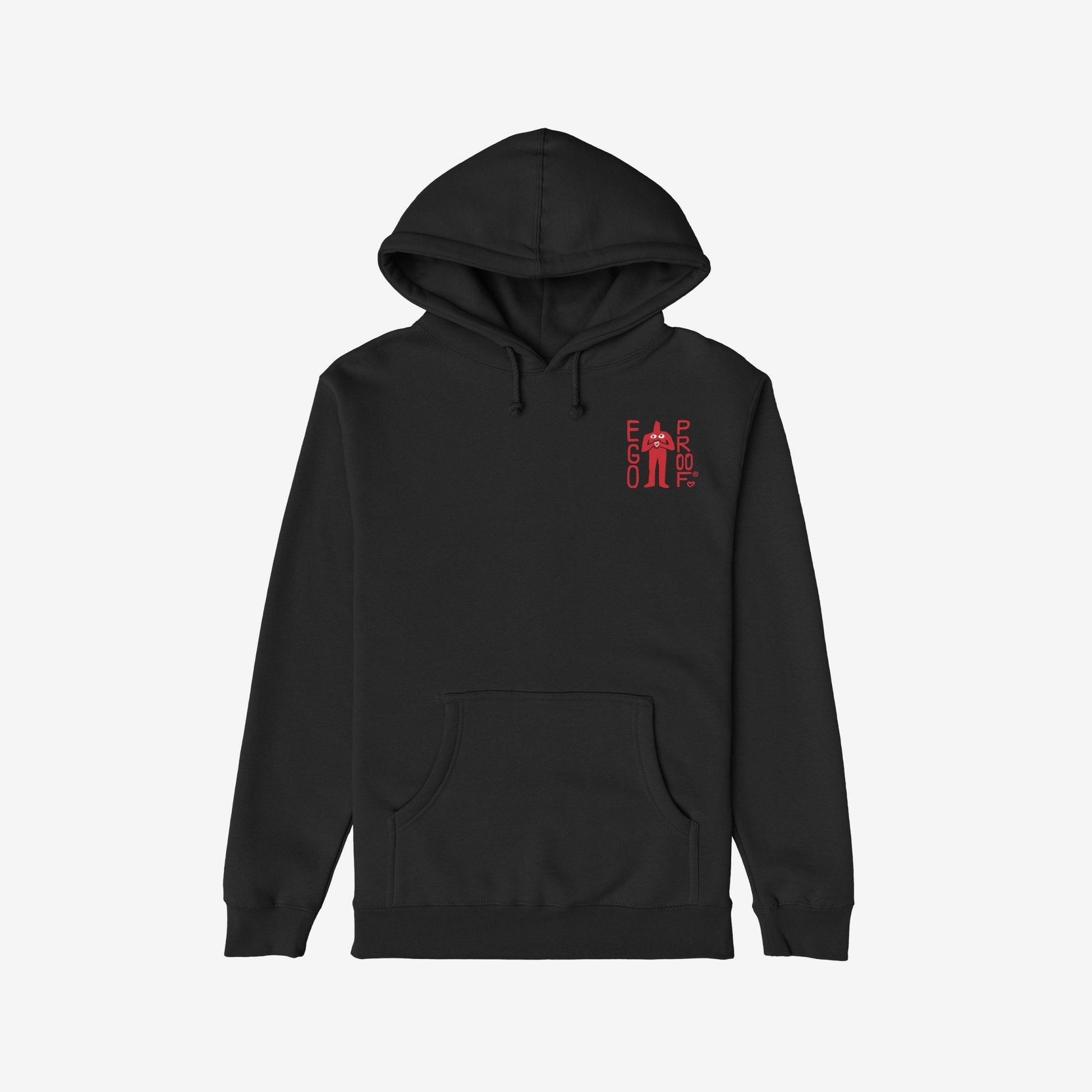 Fucks To Give Hoodie: Black pullover with red star graphic, EGOPROOF on the chest, bold Fucks to give are currently out of stock message on back, embracing peace and selective apathy.