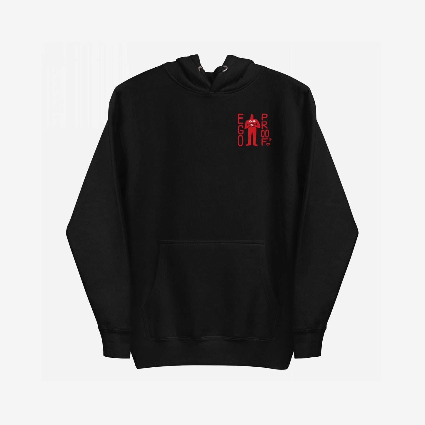 Fucks To Give Hoodie EU: Black pullover with red EGO PROOF graphic and heart-holding figure on chest; bold statement on back. Cozy, unapologetic comfort supporting mental health awareness through NAMI donations.