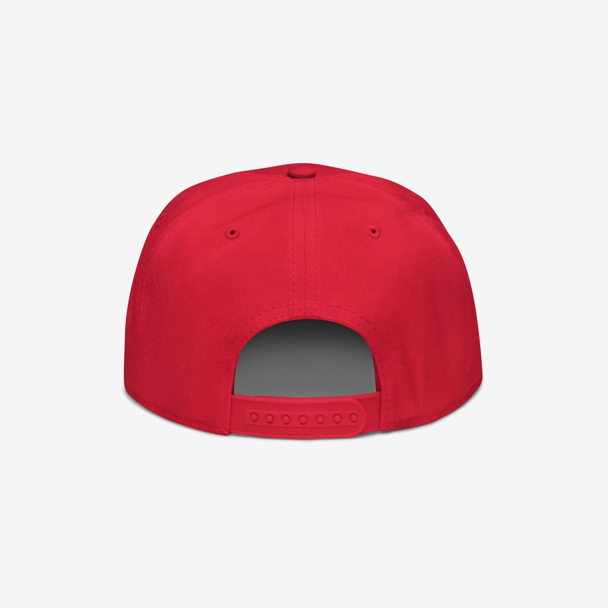 Good Day Hat, a bright-red snapback, showcases its adjustable strap and ventilation eyelets. The design aligns with positivity and mental health advocacy, perfect for promoting a better day.