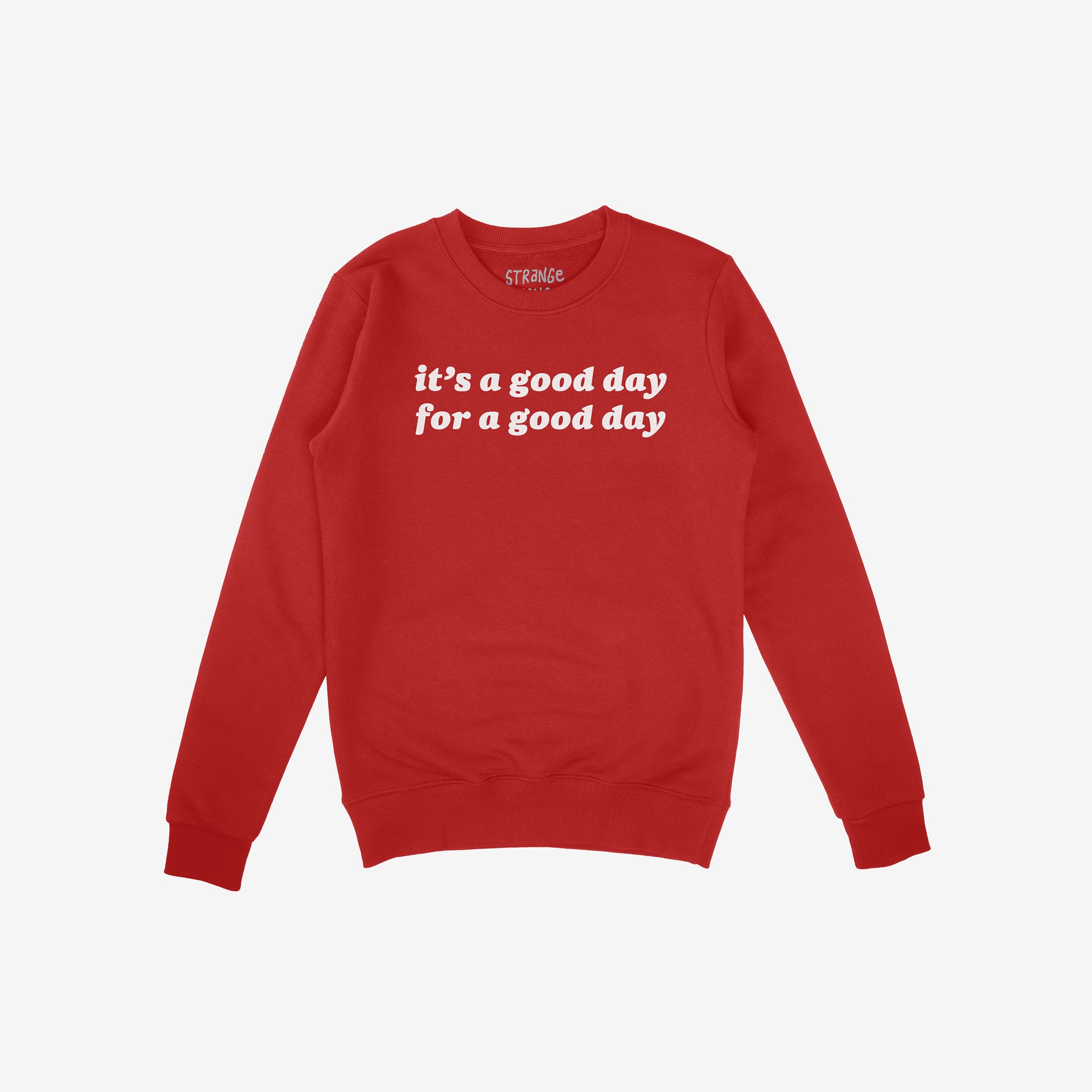 Good Day Hoodie & Sweatshirt in red with white uplifting text, a cozy midweight fleece perfect for comfort and optimism.