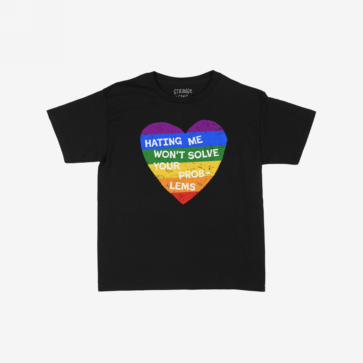 No LGBTQ Hate Kids T-shirt EU: Black T-shirt with a rainbow-striped heart and the slogan “HATING ME WON’T SOLVE YOUR PROBLEMS,” promoting love and truth for young allies.