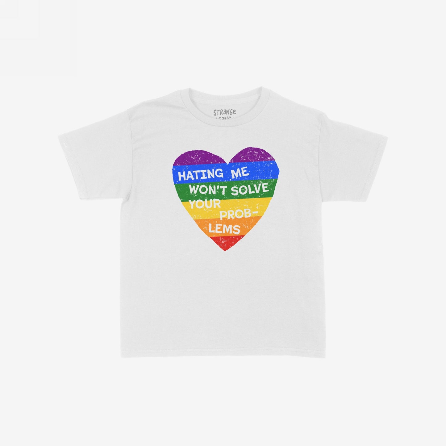 No LGBTQ Hate Kids T-shirt EU features a distressed rainbow heart with the phrase HATING ME WON’T SOLVE YOUR PROBLEMS, embodying a powerful message of love and acceptance.