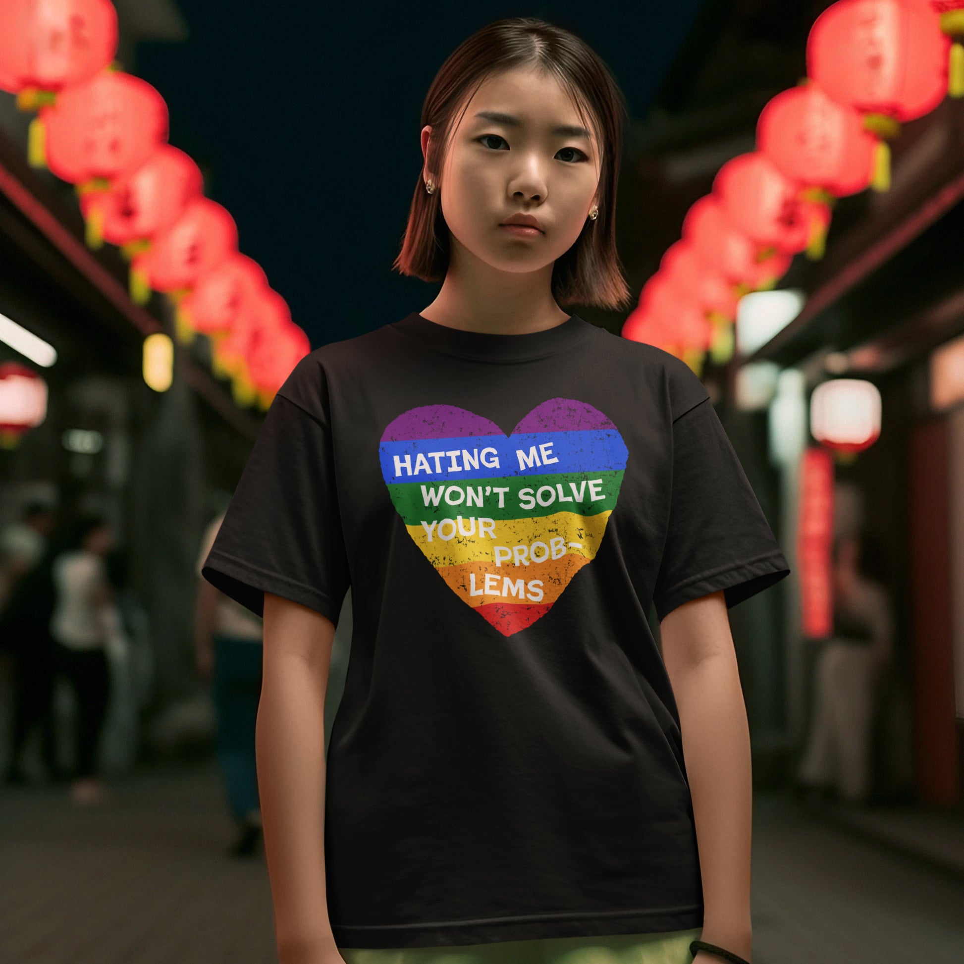 Young person on lantern-lit street wearing the No LGBTQ Hate Kids T-shirt EU, featuring a distressed rainbow heart and the slogan, “HATING ME WON’T SOLVE YOUR PROBLEMS,” embodying inclusivity and kindness.