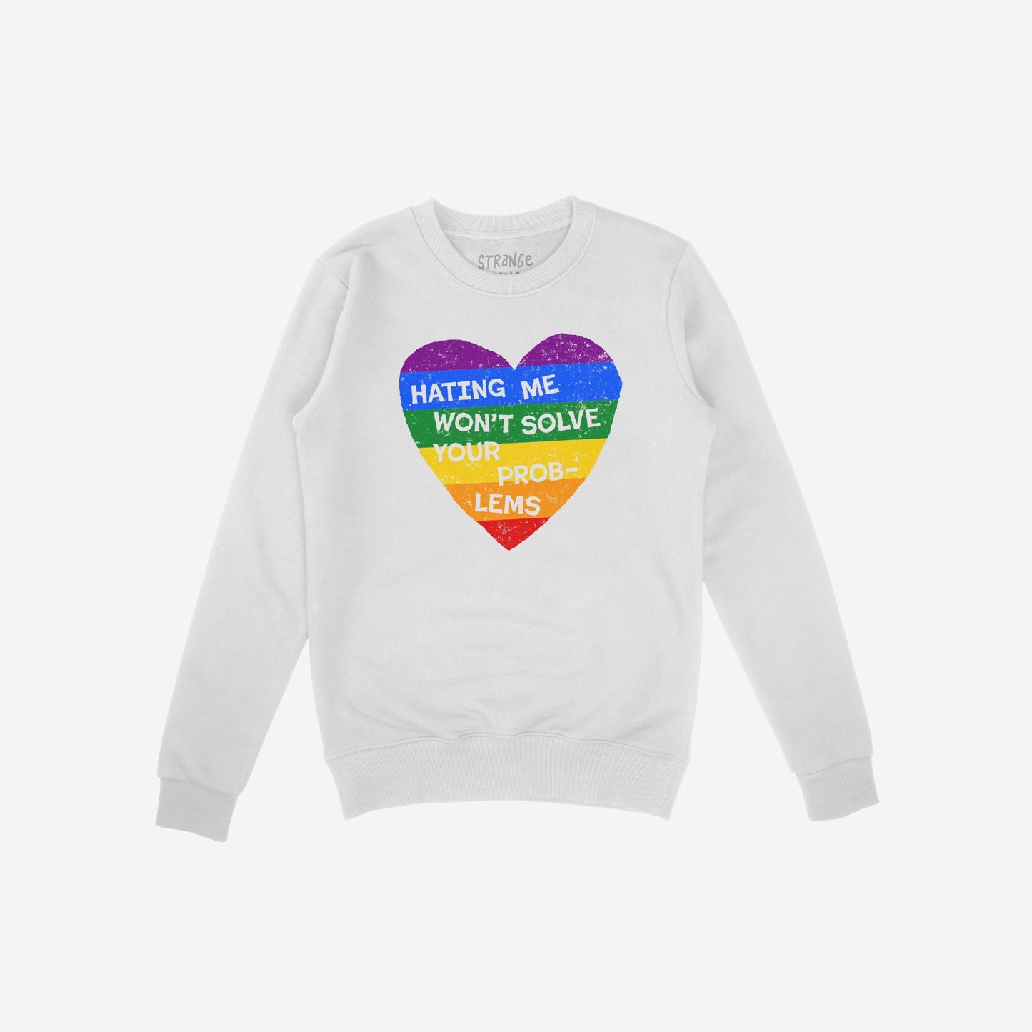 No LGBTQ Hate Hoodie & Sweatshirt featuring rainbow heart and message about pride and resilience on cozy white crewneck sweatshirt
