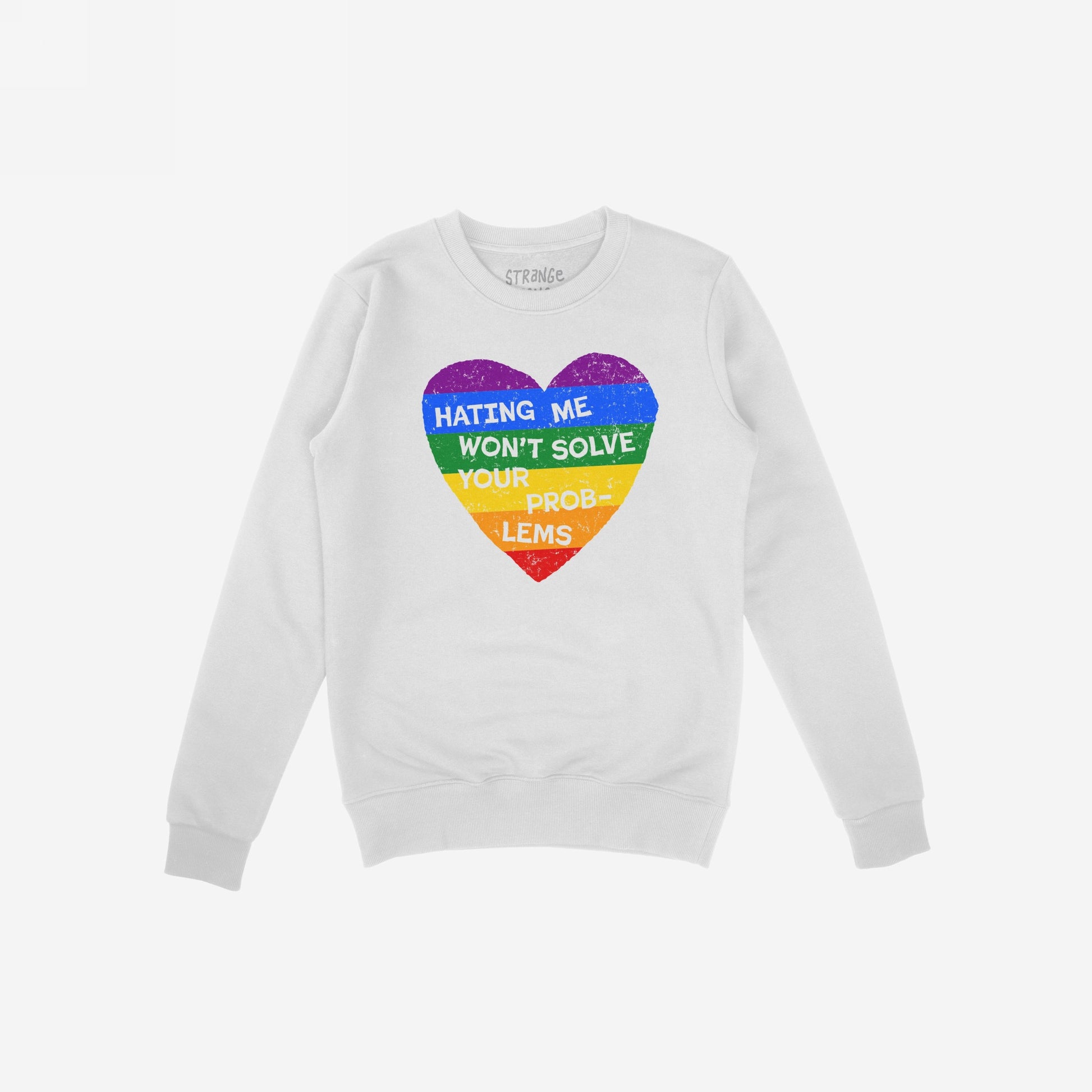 No LGBTQ Hate Hoodie & Sweatshirt featuring rainbow heart and message about pride and resilience on cozy white crewneck sweatshirt