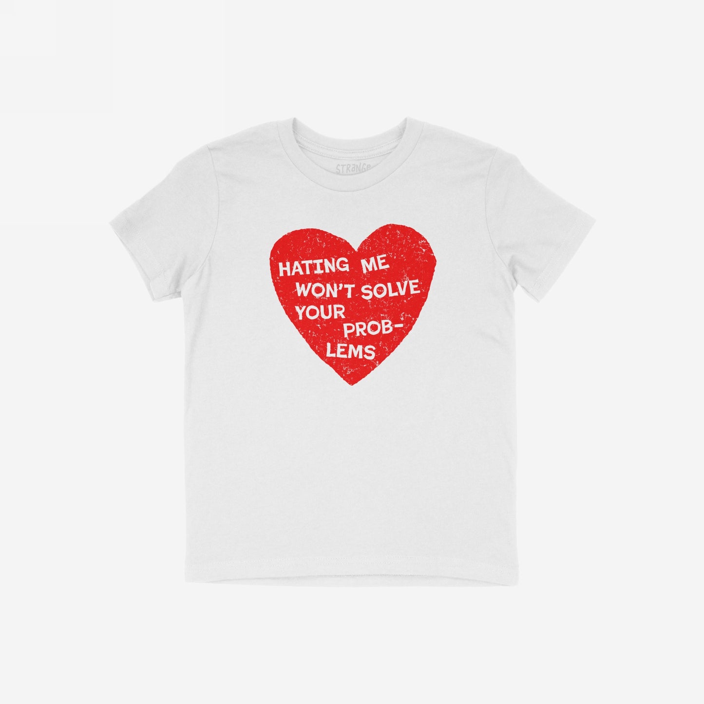 No Hate Kids T-shirt with red heart and message "Hating Me Won't Solve Your Problems" promoting kindness and inclusion for children.