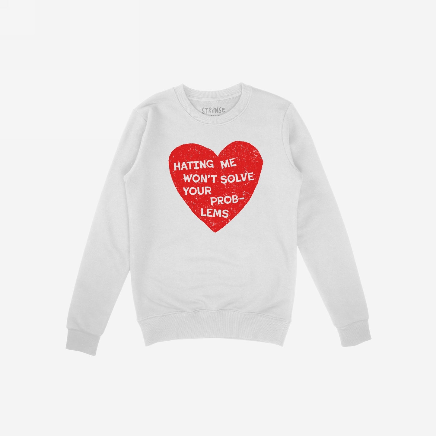 White No Hate Hoodie & Sweatshirt with a bold red heart and text promoting confidence and resilience against hate.