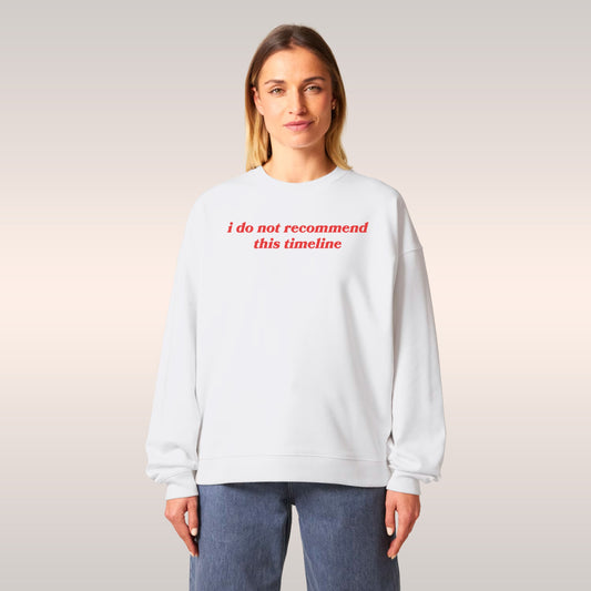 Model wearing black Timeline Hoodie with white text "i do not recommend this timeline" in urban dimly lit setting.