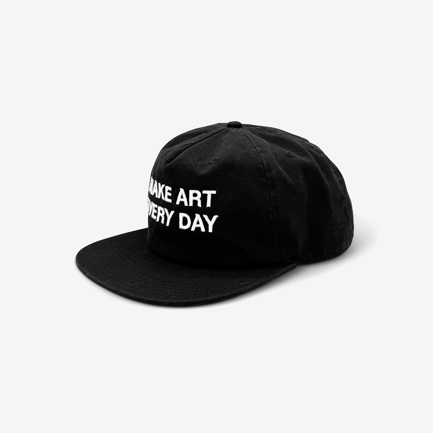 Make Art Every Day 5-Panel Hat features a vintage-style, unstructured design with an embroidered motivational phrase, adjustable metal clasp, and flat visor, embodying Egoproof's empowering art and apparel mission.