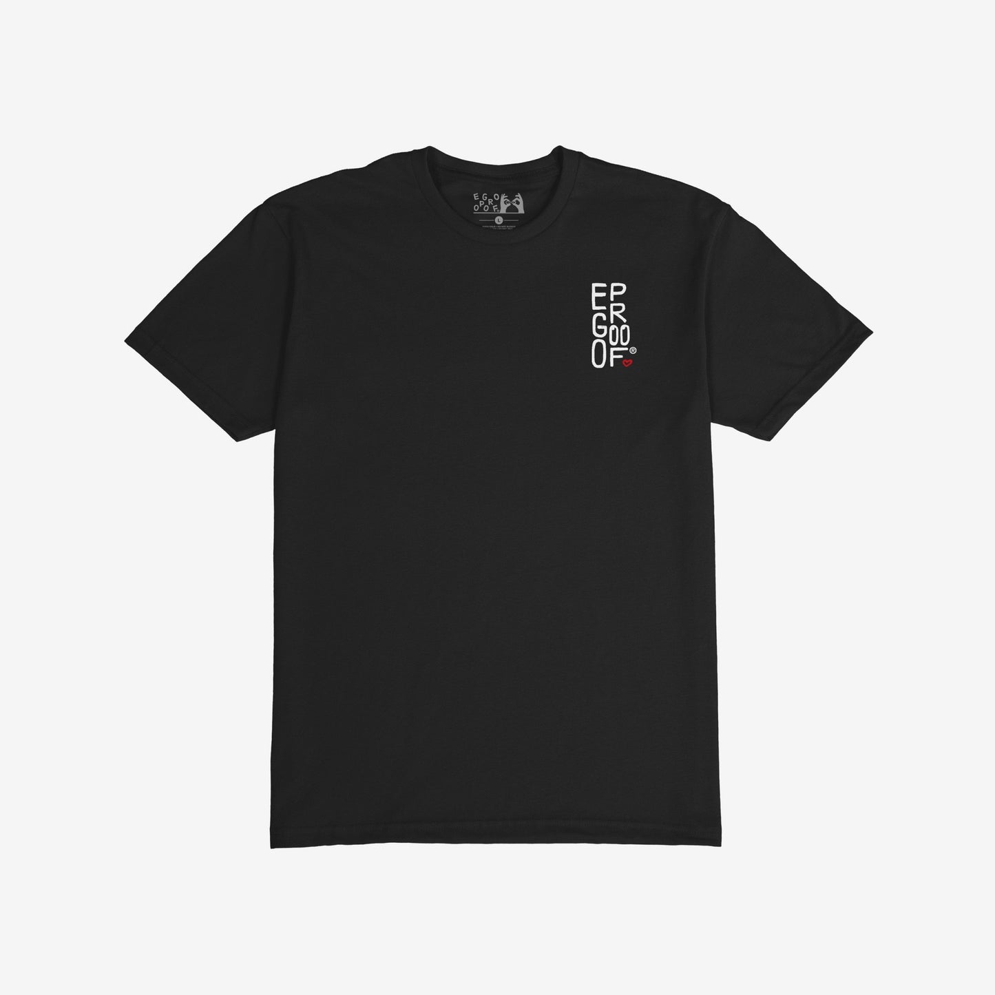 Make Art Every Day T-shirt EU: Flat-lay of a black short-sleeve tee with a small white logo on the chest, embodying Egoproof's creative spirit. Ideal for art enthusiasts and mindful creators.