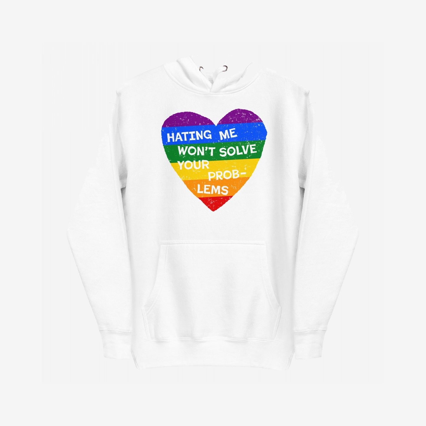 No LGBTQ Hate Hoodie EU features a distressed rainbow heart and bold slogan, promoting visibility and resilience. Designed for comfort and defiance, it aligns with Egoproof's empowering apparel ethos.