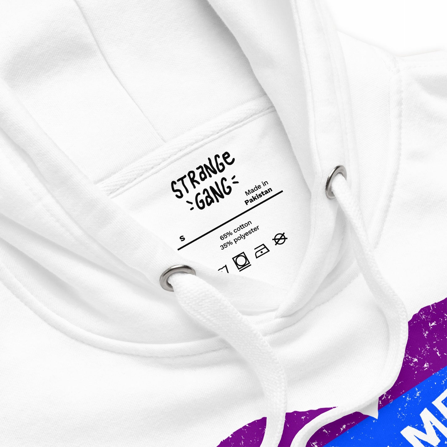 Close-up of the No LGBTQ Hate Hoodie EU, showing its collar with interior label, white drawstrings, and part of a distressed rainbow heart graphic, symbolizing resilience and pride.