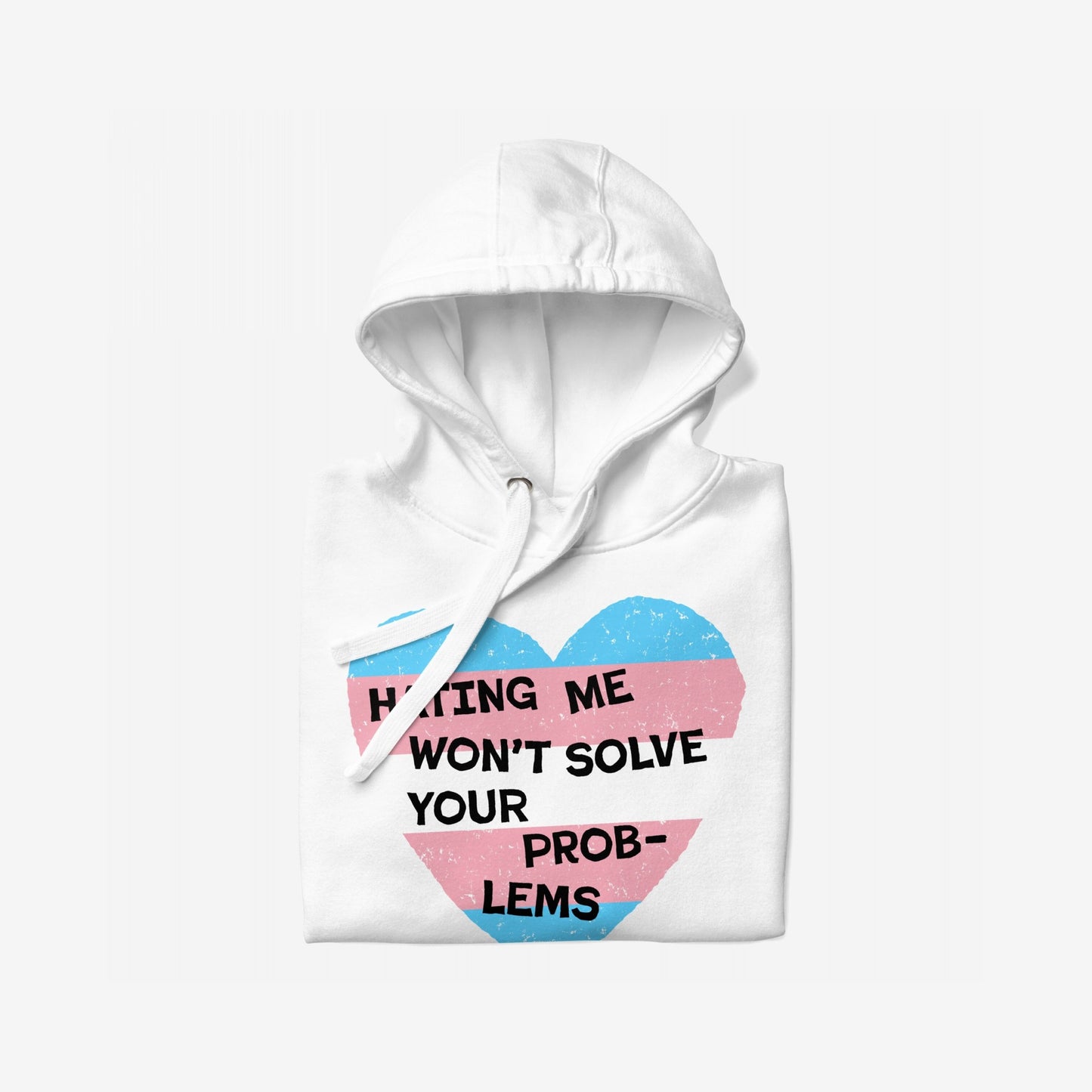 No Trans Hate Hoodie EU featuring a distressed heart with a bold slogan. Embrace identity confidently with this empowering hoodie, designed to support trans folks and allies in their fight against hate.