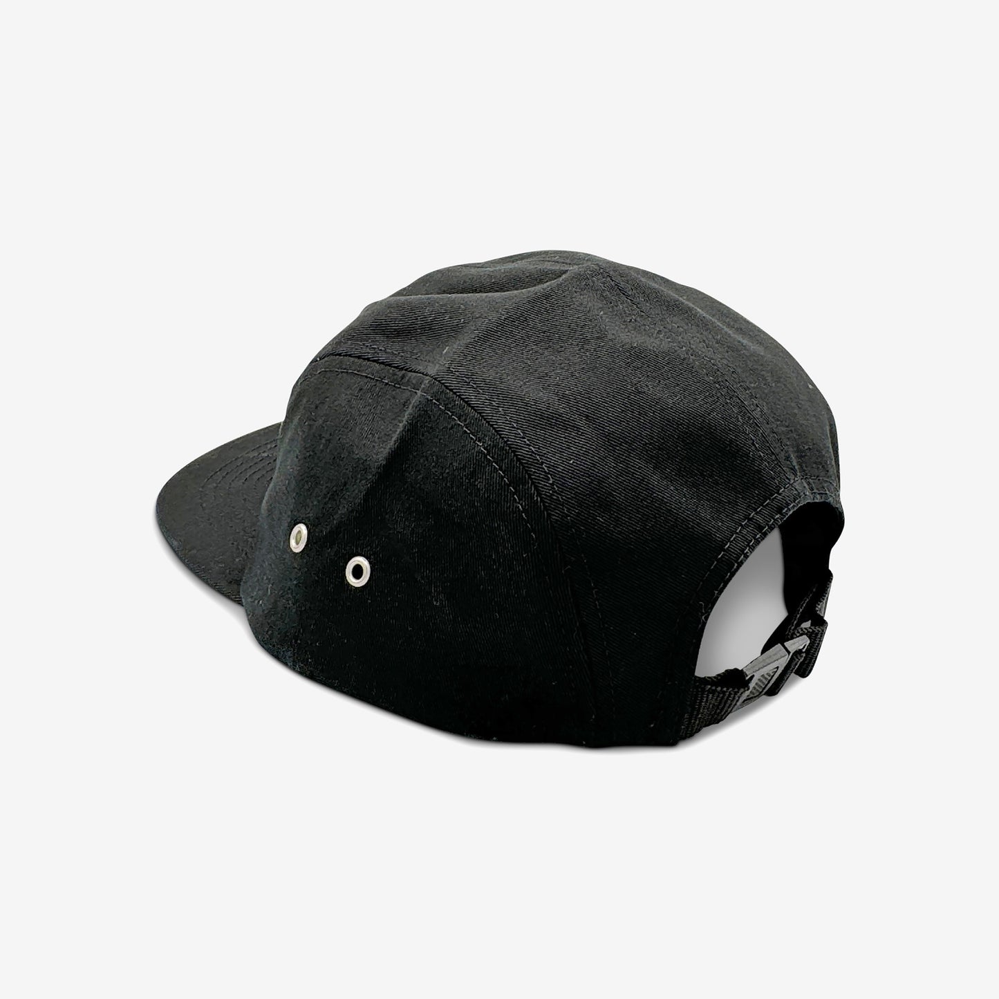 Parks Camper Hat: A sleek, black cap with a low-profile, 5-panel design, featuring a woven EGOPROOF label and adjustable strap, ideal for urban adventures or nature excursions.
