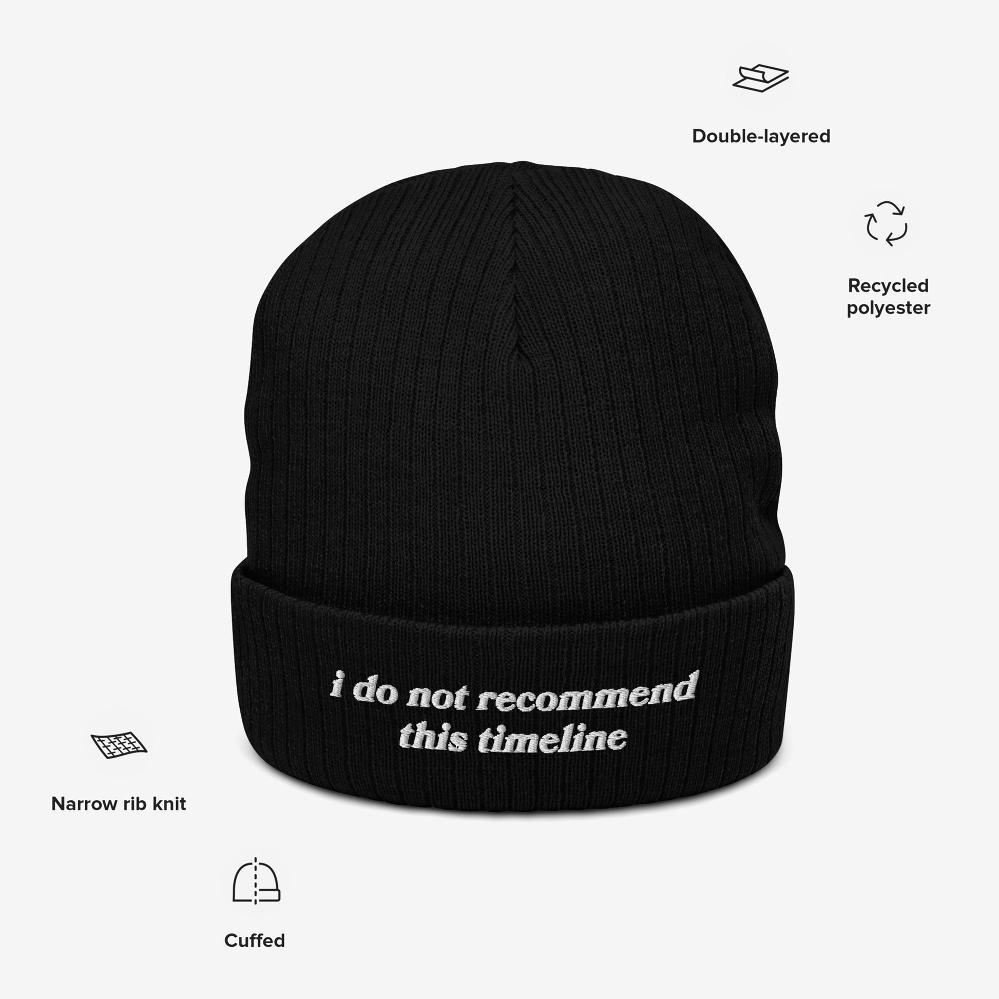 Timeline Hat: Black knit beanie with narrow ribbing, featuring i do not recommend this timeline embroidered in white on the cuff. Made from recycled polyester, double-layered, embodying sarcasm for those facing modern chaos.