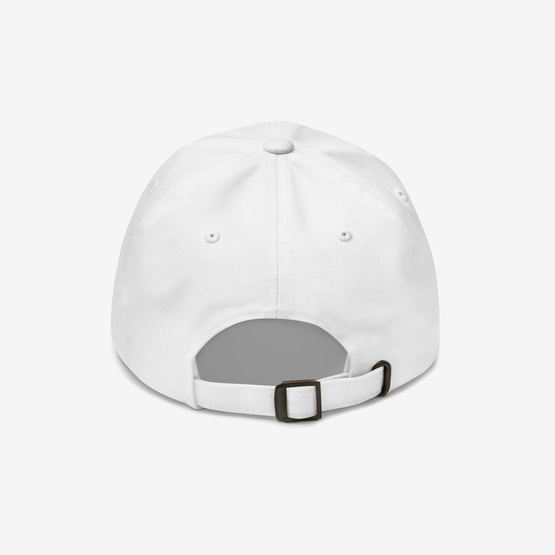 The Timeline Hat, a plain white baseball cap, features an adjustable cloth strap and metal slide buckle, embodying sarcastic flair for navigating modern chaos. Ideal for those embracing irony with style.