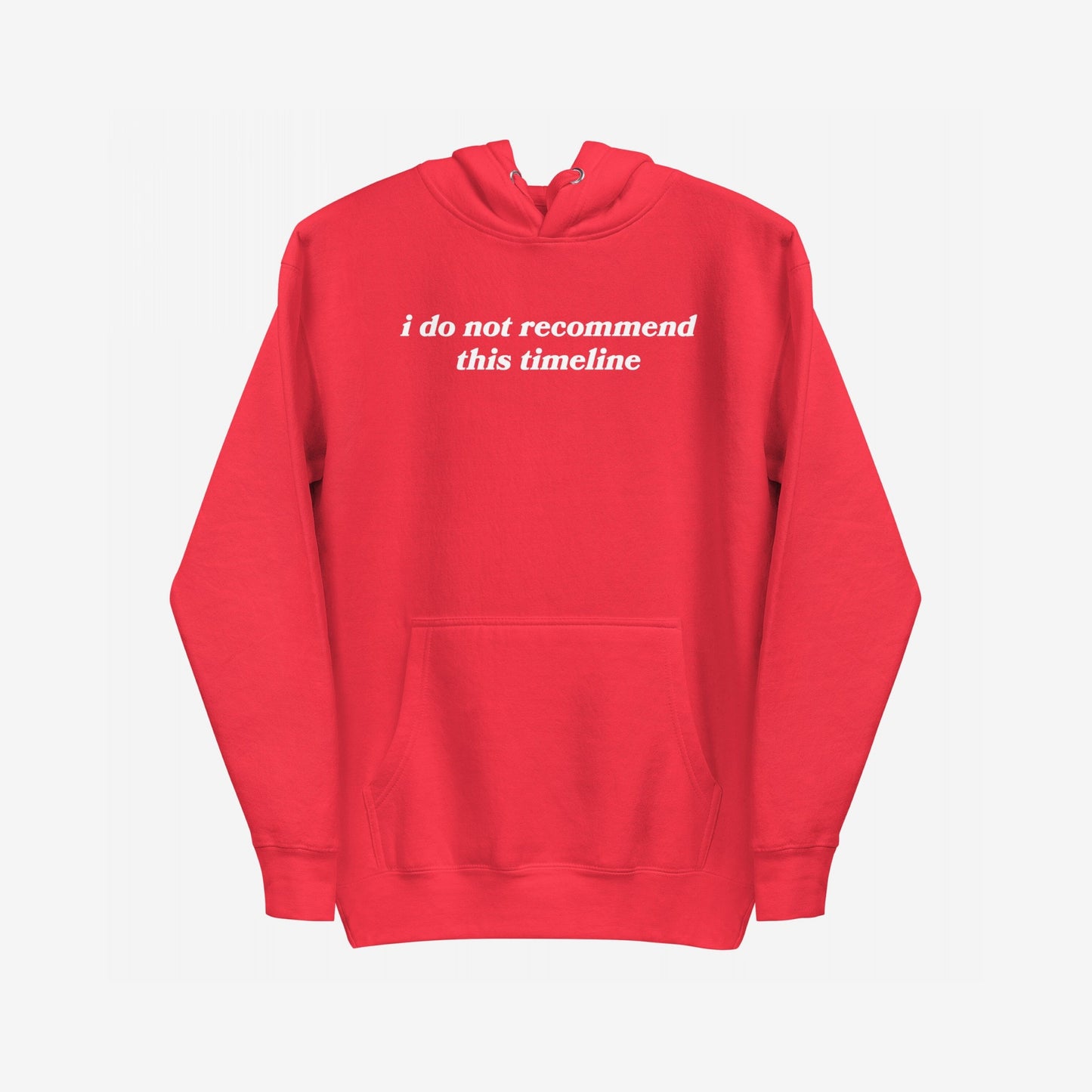 Red hoodie, featuring i do not recommend this timeline on the chest, embodies Egoproof's artful expression for navigating life's challenges. The Timeline Hoodie EU offers comfort and a bold statement for mental health awareness.