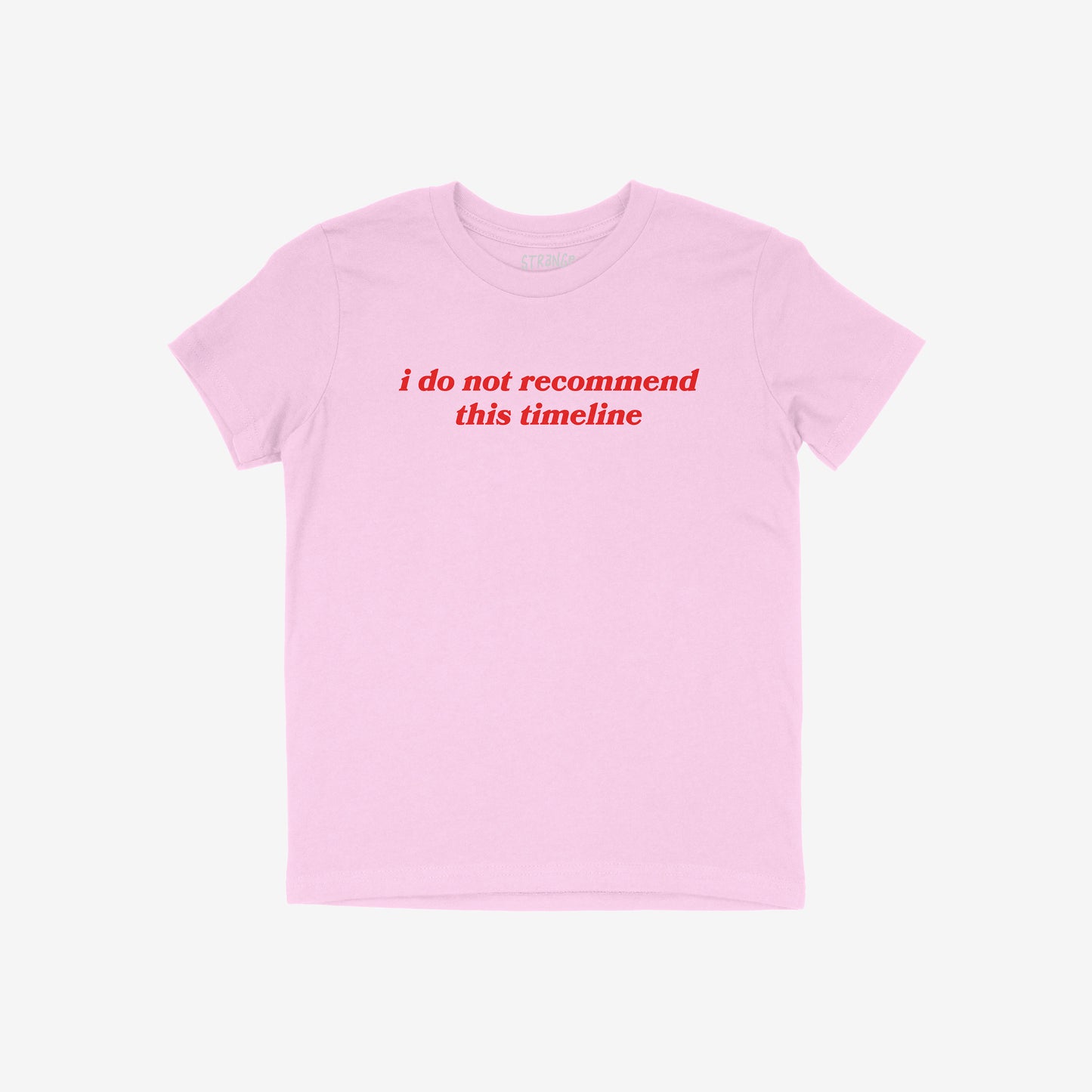 Timeline Kids T-shirt in light pink with red text "i do not recommend this timeline" for teens and tweens.