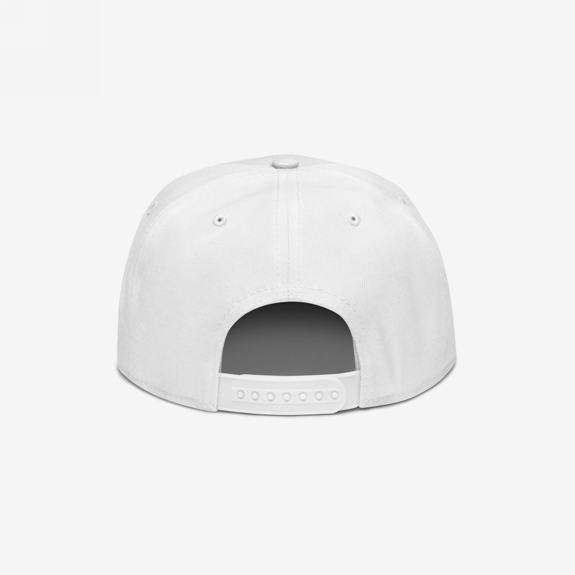 Back view of the Timeline Hat, a white six-panel baseball cap with an adjustable snapback closure, stitched eyelets, and top button, embodying ironic resilience amid chaos for Egoproof's bold mental health message.