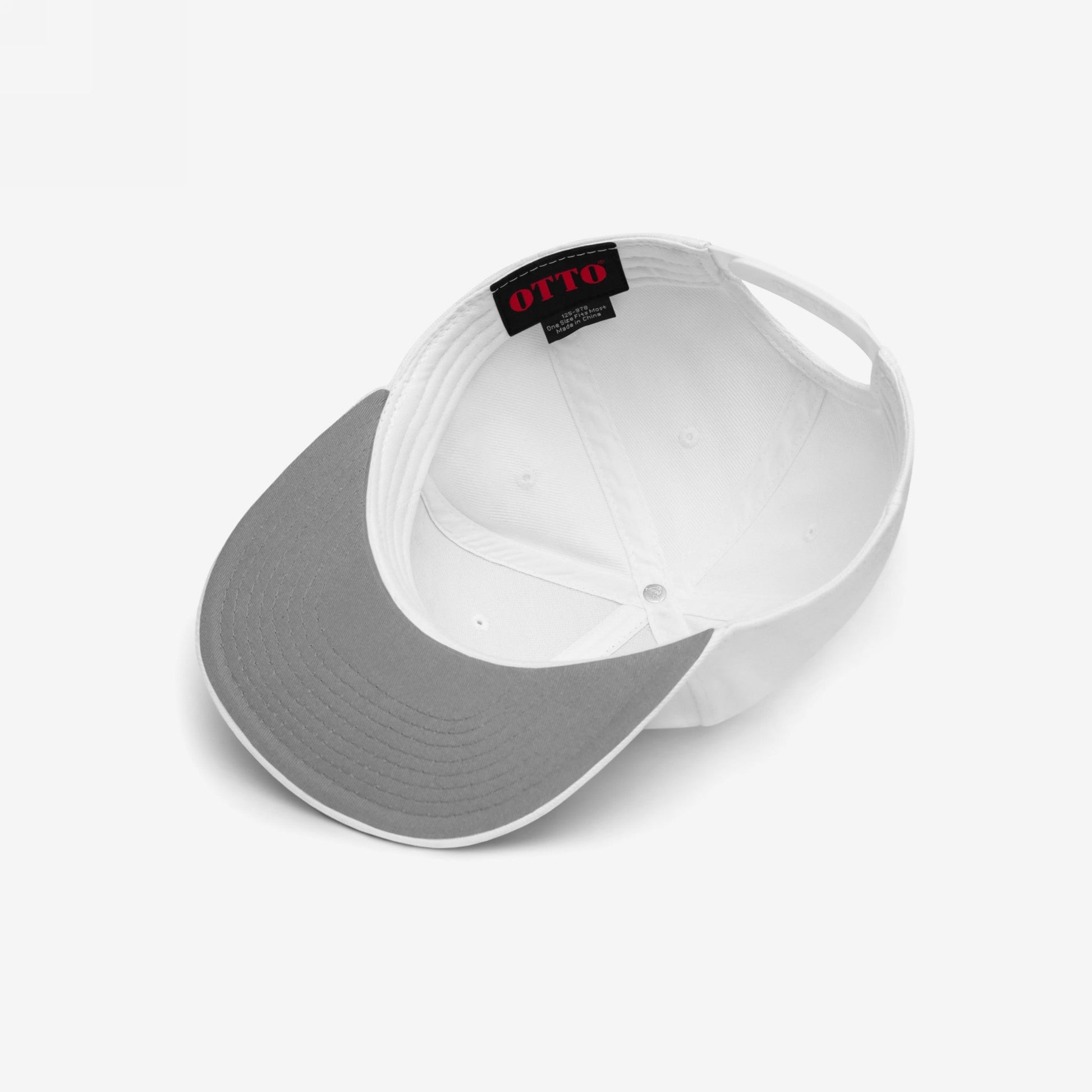 Timeline Hat featuring a white six-panel design with a gray brim underside, showcasing OTTO label inside. Perfect for ironic expression amidst chaos, reflecting Egoproof's commitment to mental health awareness.