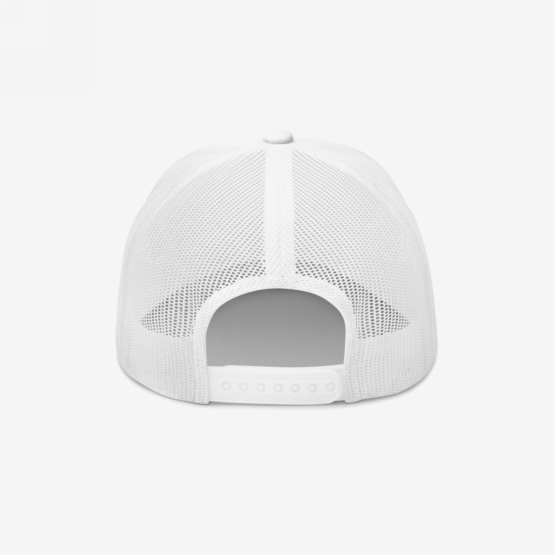 Rear view of the Timeline Hat, a white mesh trucker cap, showcasing breathable back panels and adjustable snap-closure strap. Perfect for expressing irony and resilience amid chaos.