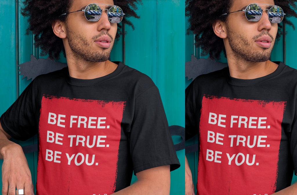 EGOPROOF - man with glasses and shirt with the slogan be free. be true. be you. fast fashion vs high-end fashion